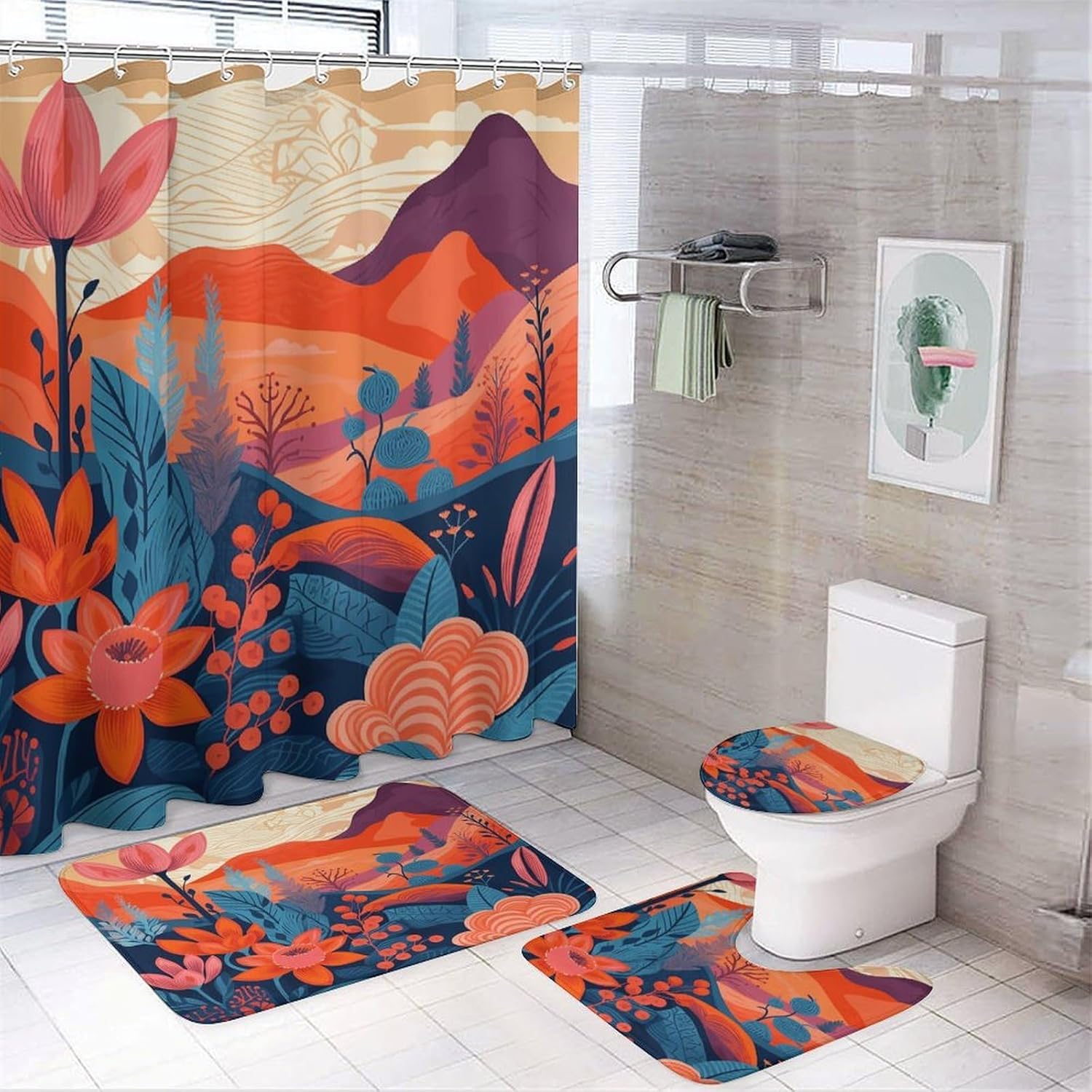 Flowers in Ink 4Pcs Shower Curtain Set with Non-Slip Rugs, Toilet Lid Cover and Bath Mat,Bathroom Set Decor Accessories,Curtain Set with 12 Hooks, 72 X 72 Inch