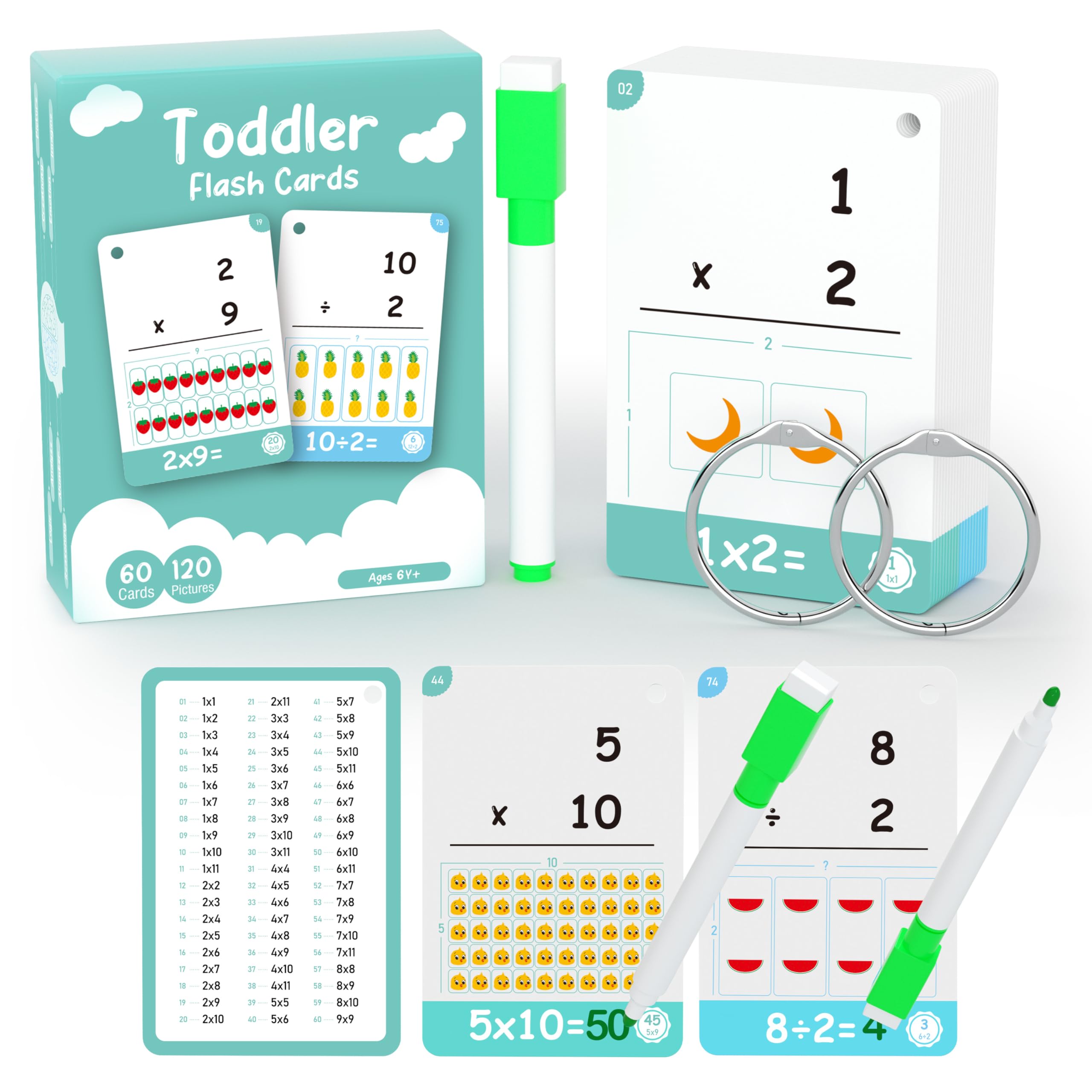 60 Cards, 120 Pictures Educational Math Flash Cards, Multiplication Division Flash Cards