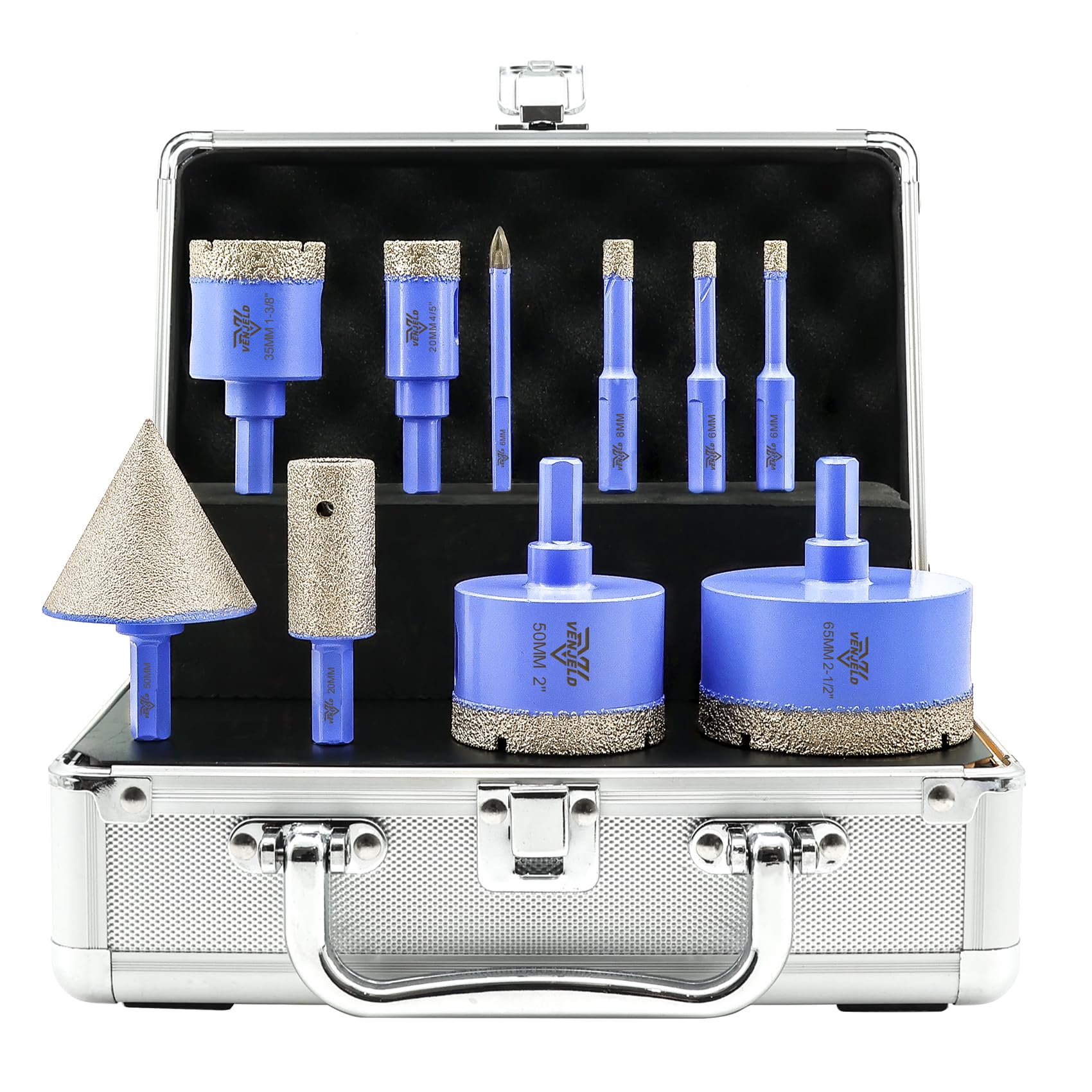 Diamond Drill Bits Set 10Pcs - 6/6/8/20/35/50/65mm Triangle Shank Tile Hole Saw Kit, 6mm Carbide Drill, 20mm Finger Bit, 50mm Beveling Chamfer Bit for Porcelain Tile Ceramic Granite Marble Dekton