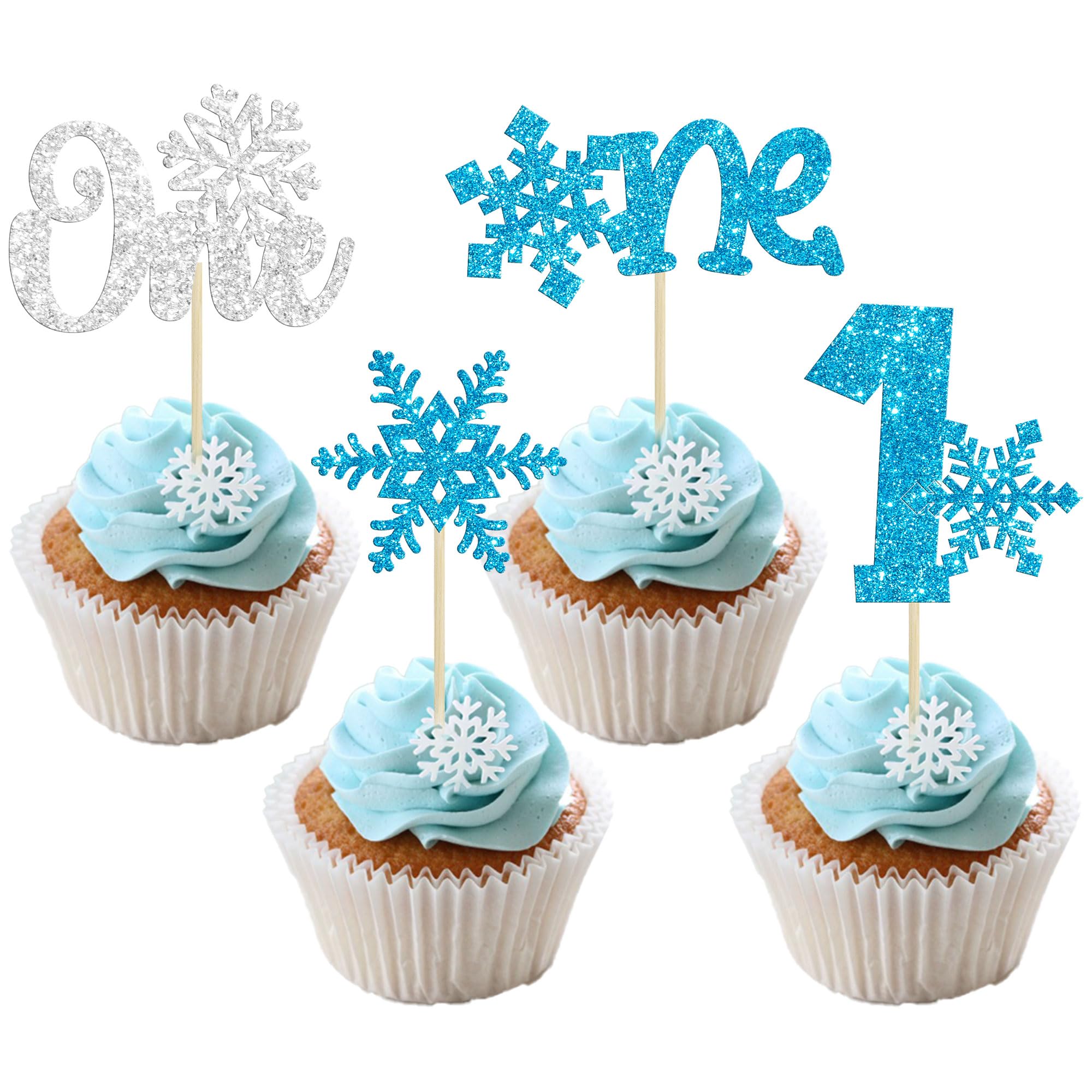 Gyufise Cupcake-Topper Schneeflocken-Motiv – 24 Stück, Blau-silber Glitzernd, Für Winter- & Geburtstagspartys