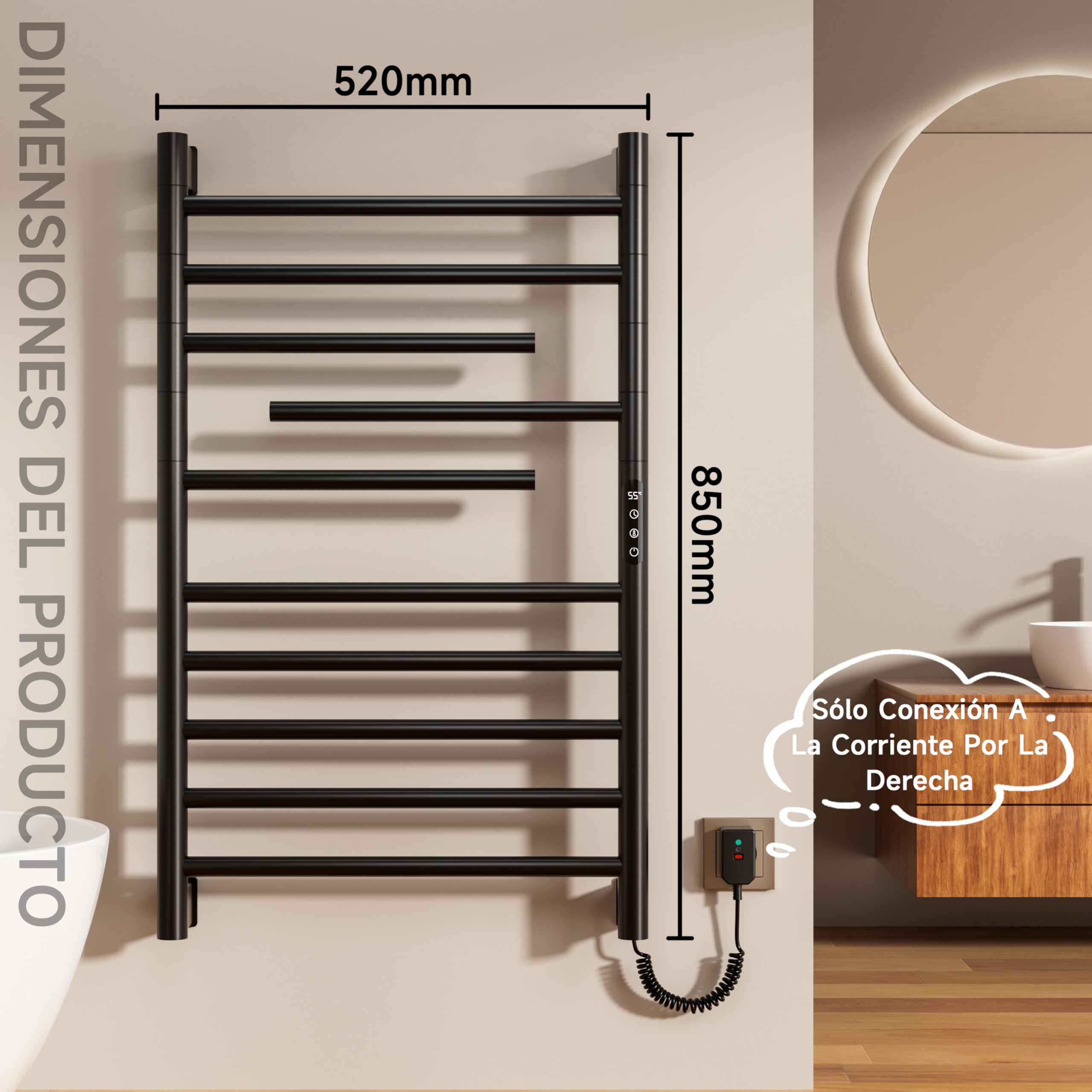 Toallero electrico baño 520×850 mm,Negro Radiador toallero,Toallero eléctrico de bajo Consumo,Algunos Elementos calefactores Pueden Girar 180°,Incluye Pantalla LED,Control táctil y Temporizador