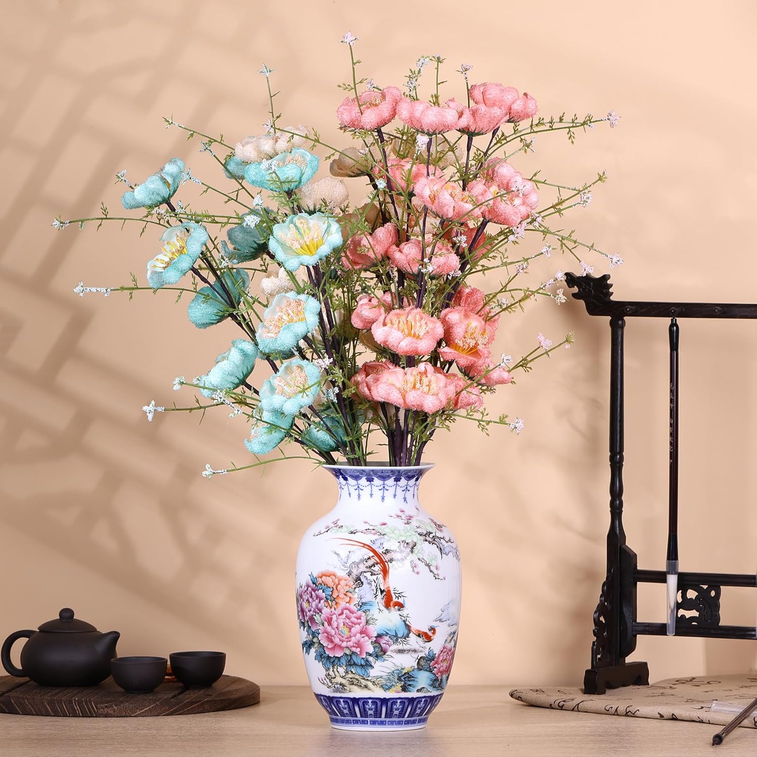 Handcrafted Blue and White Porcelain Thin Body Vases - Traditional Chinese Chinoiserie Thin-Wall Winter Melon Wide Mouth Design,Perfect for Home Decor, Desk, and Display Shelves (Colorful)