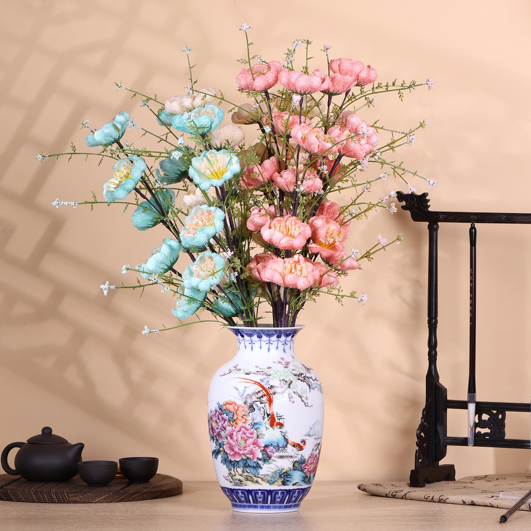 Handgefertigte blaue und weiße Porzellanvasen mit dünnem Körper, traditionelle, chinesische Chinoiserie, dünnwandig, Wintermelone, breite Öffnung, perfekt für Heimdekoration, Schreibtisch und