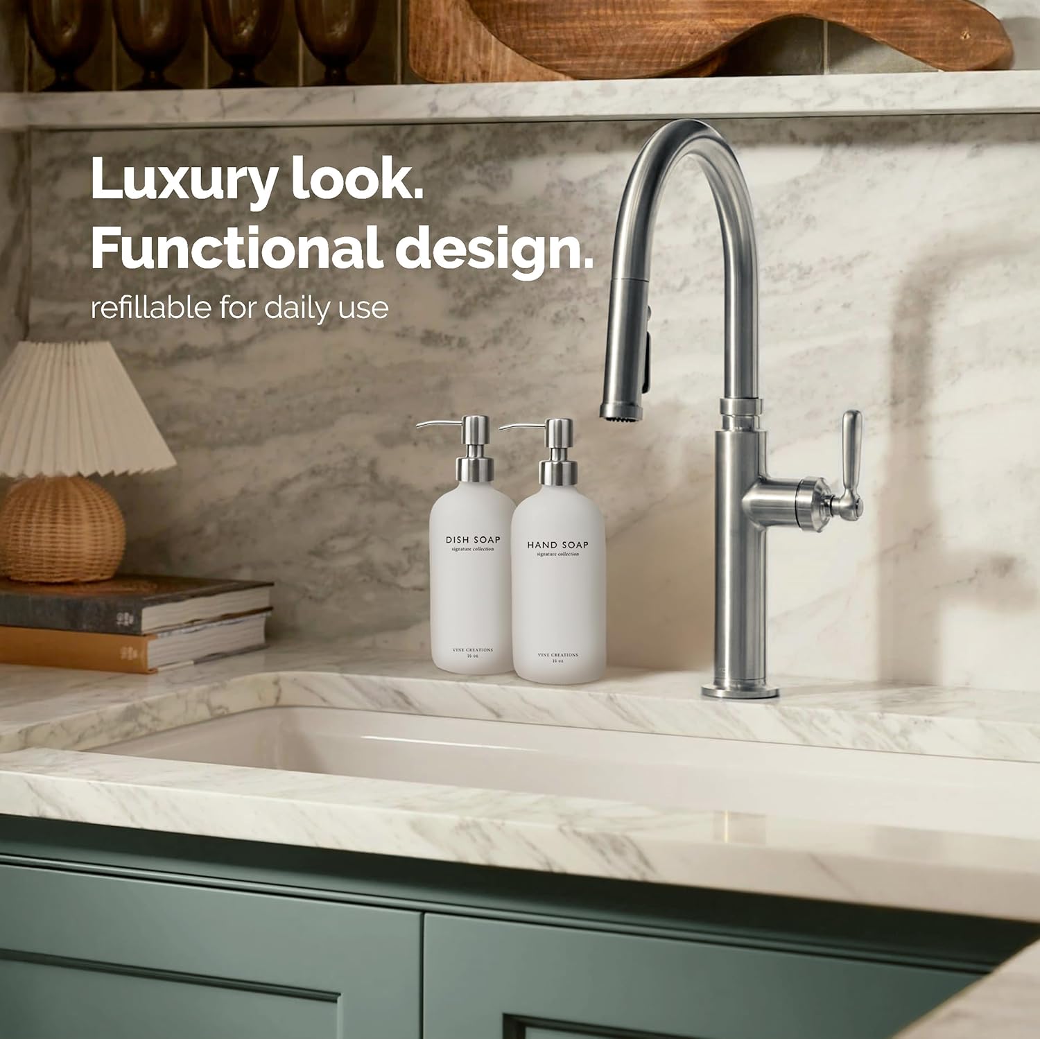 Vine Creations White Glass Soap Dispenser Set, Dish Soap and Hand Soap Dispenser Set with Stainless Steel Pump, 16 oz Glass Dispensers for Kitchen or Bathroom Decor (Matte White Bottle/Silver) - Image 4