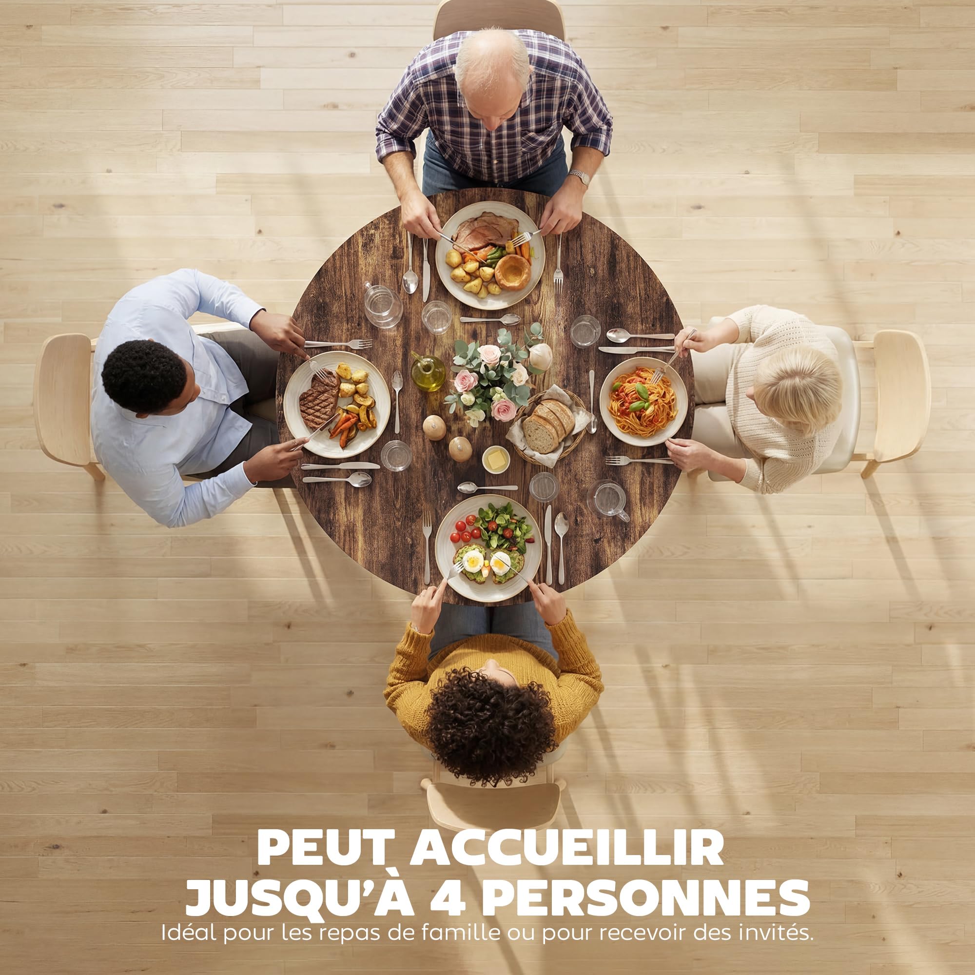 HOMCOM Table à Manger Ronde pour 4 Personnes avec Large Plateau et étagère de Rangement, Table de Cuisine Industrielle, Cadre en métal, Ø 100 x 76 cm, Brun Rustique