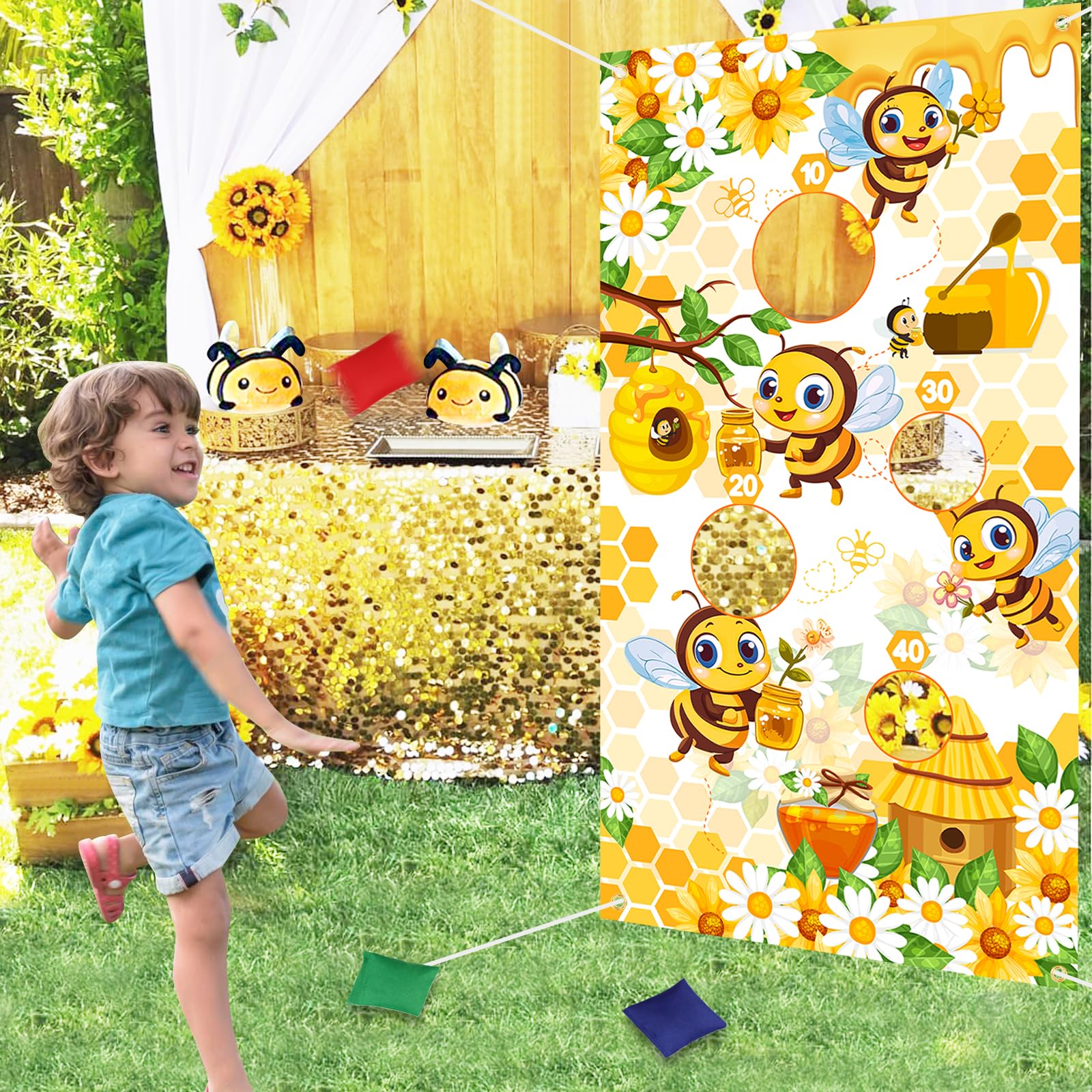 kreat4joy Bee Theme Toss Games with Bean Bags, Bean Bag Toss Game for Kids, Bee Theme Toss Games Backdrop Banner for Kids Indoor Outdoor Activities Sport Theme Birthday Party Supplies