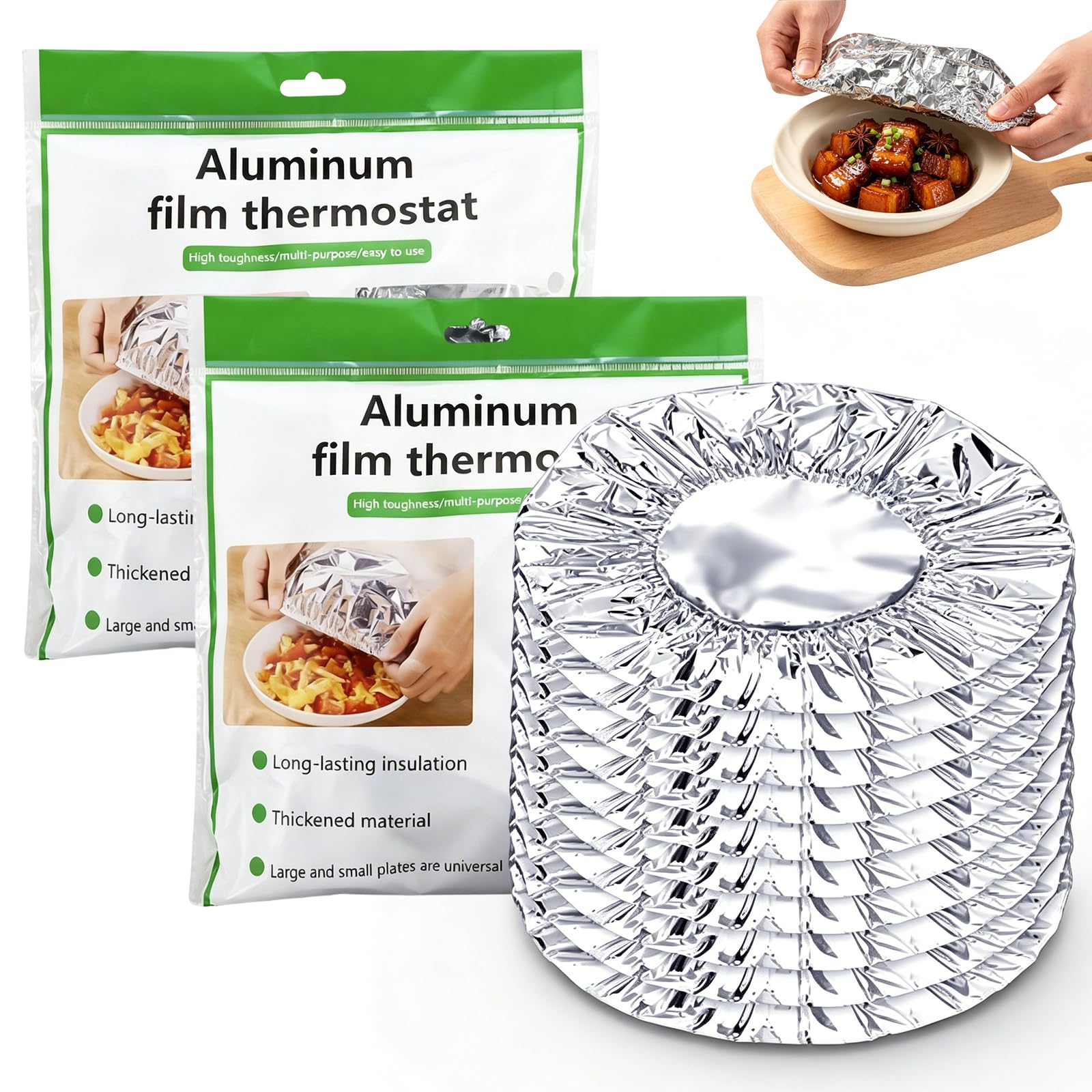 View 1 of 100 Pack Reusable Aluminum Foil Food Covers,Elastic Foil Bowl Covers for Bowls Plates Containers,Insulated Food Lids For Food For Picnic Takeout Leftovers Meal Prep BBQ Sandwich Burrito Outdoor Dining