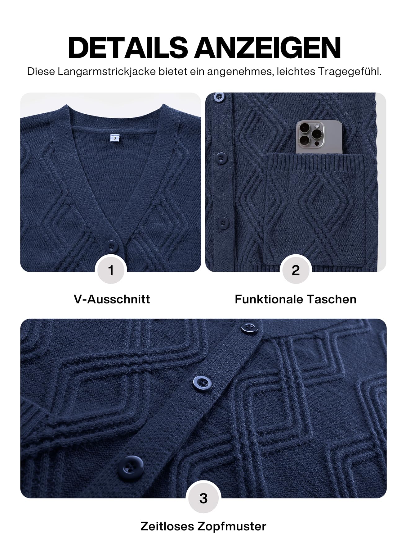 BEIGAI Cardigan da donna leggero con scollo a V, maniche lunghe, cardigan con tasche | Maglione a maglia grossa, con bottoni, elegante, casual, comodo, caldo, autunno, inverno