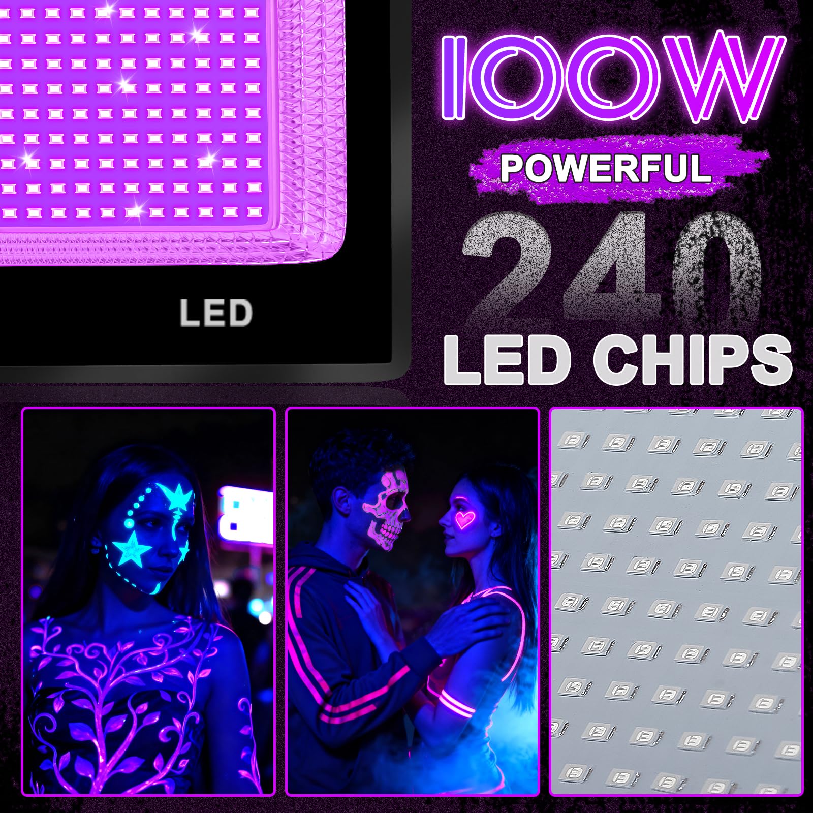 100W Black Light, UV Lamp, Black Light, IP67 Waterproof, for Halloween Decoration, Christmas Decoration, Hardened UV Resin, Neon Party (2 Pieces)