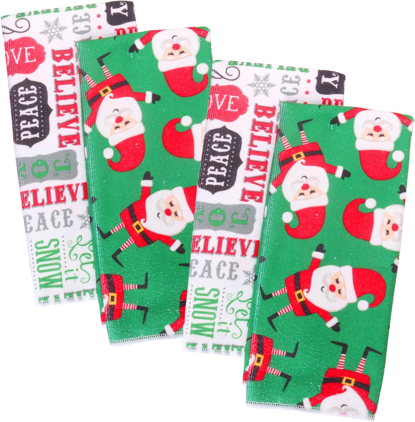 Kleanner Microfiber Christmas Kitchen Dish Towel, Absorbent And Fast Dry Holiday Dish Cloth, Colorful Font Art And Cute Santa Two Pattern, 15 By 24 Inch,Set Of 4