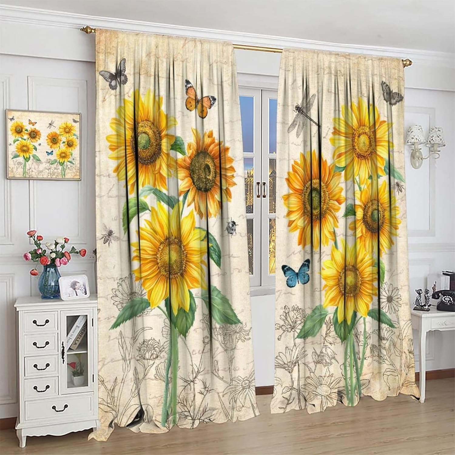 Sunflower Window Curtain for Living Room,Rustic Flowers Window Treatments Bedroom Curtain,Retro Style Home Decor Blackout Drapes 63x72in