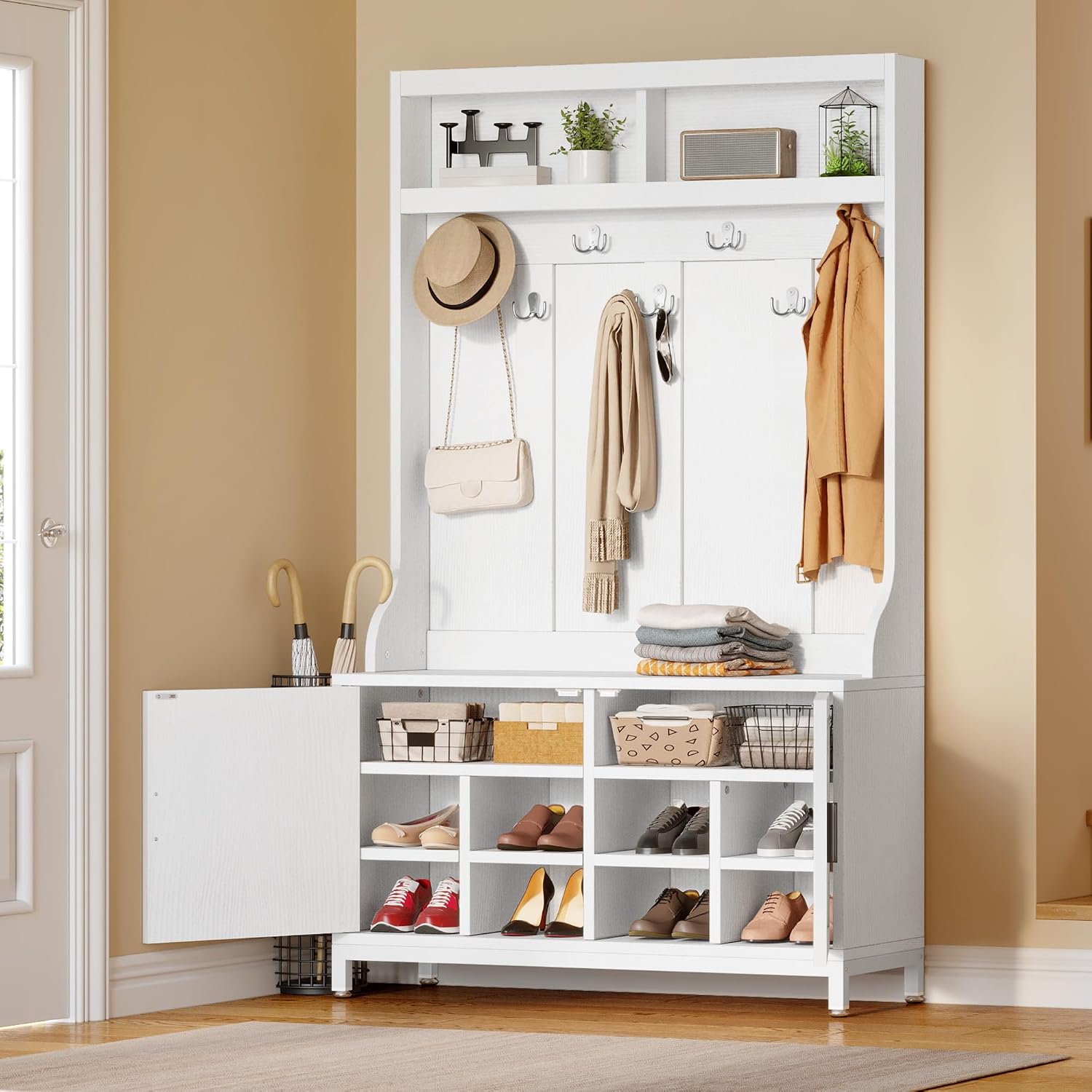 YITAHOME Hall Tree with Shoe Storage Bench for Entryway, 4-in-1 Coat Rack with Bench, Entrance Organizer, Hall Tree with Adjustable Shoe Storage and Hanging Hooks, White