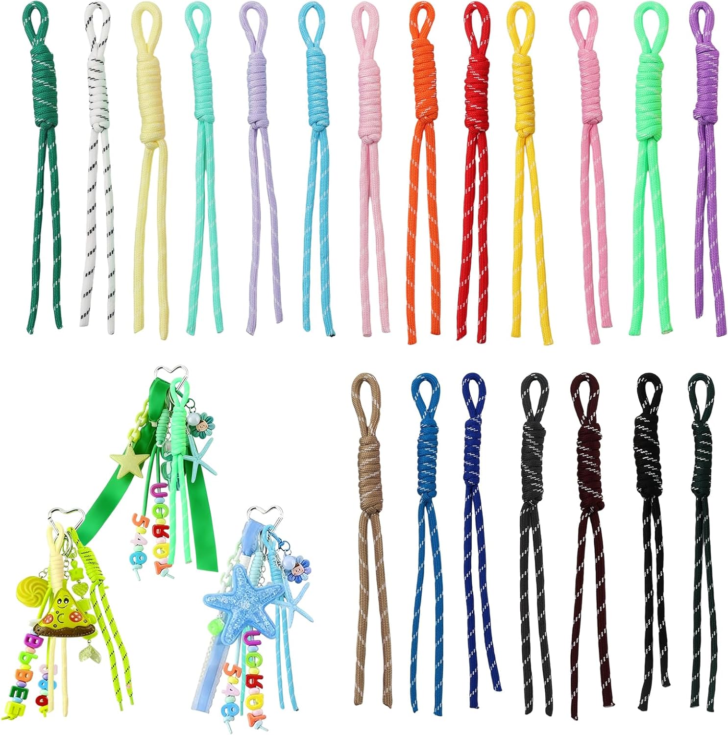20 Pack Colorful Paracord Keychains - Handwoven Nylon Rope Keychain with Colorful Paracord, Braided Cord Rope Bag Charm, Womem Bead Letter Bag Charm Carabiner Knot Lanyard Keyring for Handbag Purse