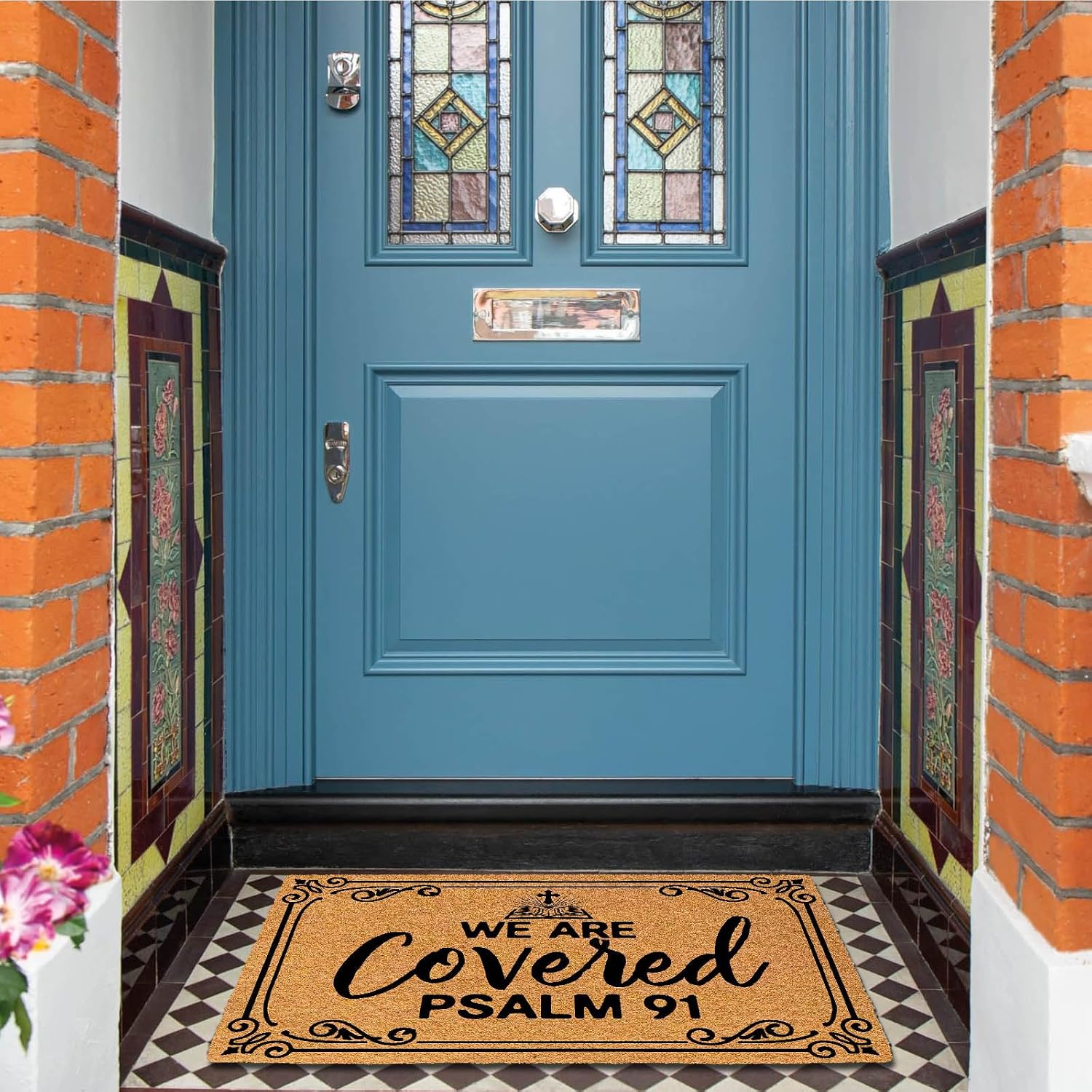 We are Covered Psalm 91 23.6"x15.7" Low Profile Doormat, Weather Resistant Welcome Mats for Front Door, Outdoor Entrance Rubber Backing Inspirational Design Non-Slip Elegant Look