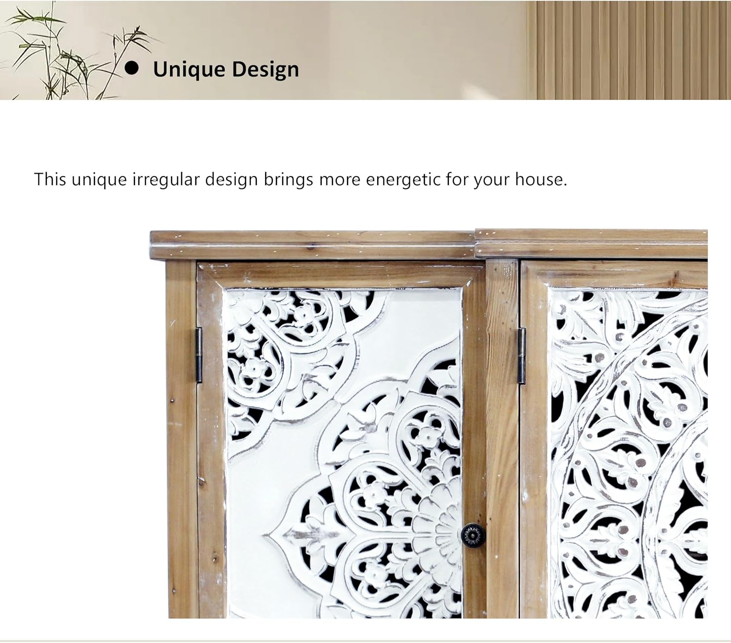 4-Door Hollow-Carved Accent Cabinet, Distressed Wood Vintage tStorage Cabinet Cupboard with Adjustable Shelves,Unique Design for Kitchen, Dining Room, Living Room, Entryway, Natural Wood