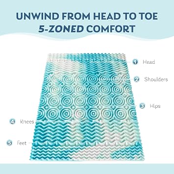 4 Inch 5-Zone Queen Memory Foam Mattress Topper, Cooling Gel Infused Foam Mattress Topper for Pressure Relief, CertiPUR-US Certified Queen Bed Topper,Blue, 6080
