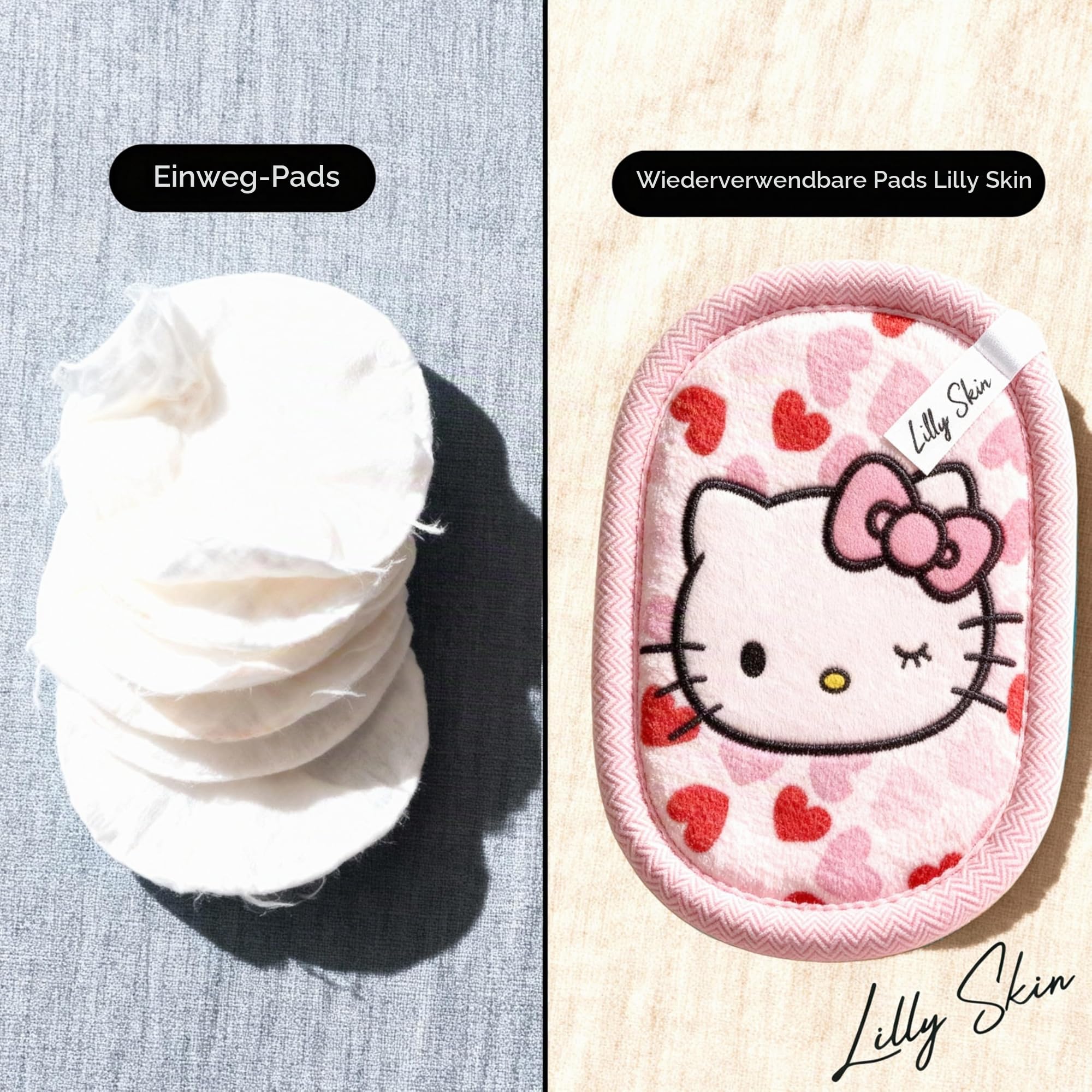 Lilly Skin Waschbare und wiederverwendbare Reinigungspads – Quadratische Mikrofasertücher zum Reinigen und Peelen der Gesichtshaut – Packung mit 7 synthetischen Hautpads – Hello Kitty