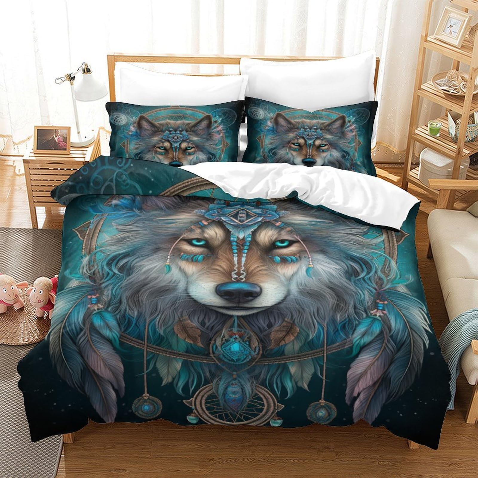 Parure de lit loup anti-plis avec fermeture éclair pour lit simple enfant fatigué