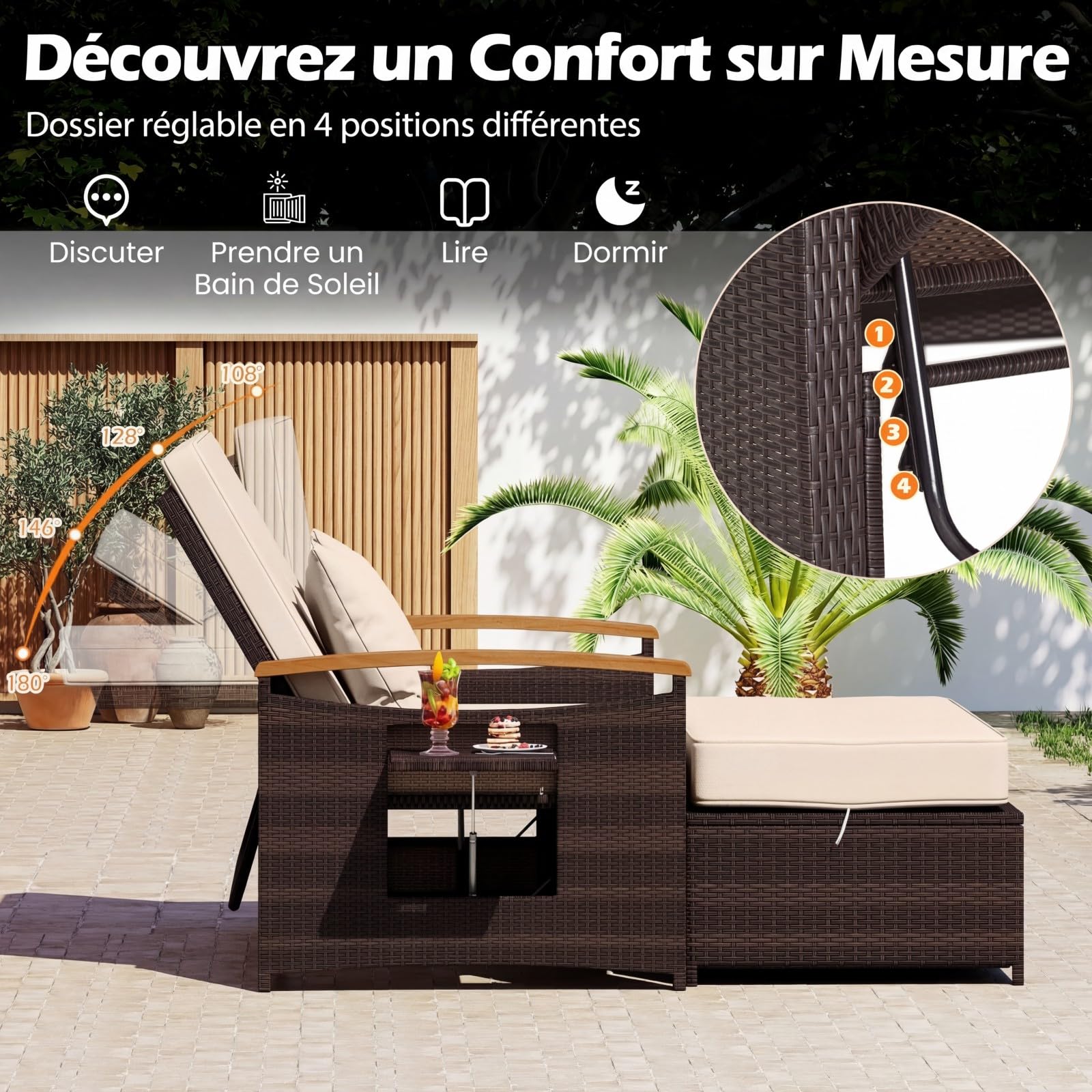 COSTWAY Salon de Jardin en Rotin avec Ottoman de Rangement, Bain de Soleil avec Plateau Latéral Rétractable Dossier Réglable sur 4 Niveaux, Canapé à 2 Places pour Jardin Patio Piscine (Marron+Beige)