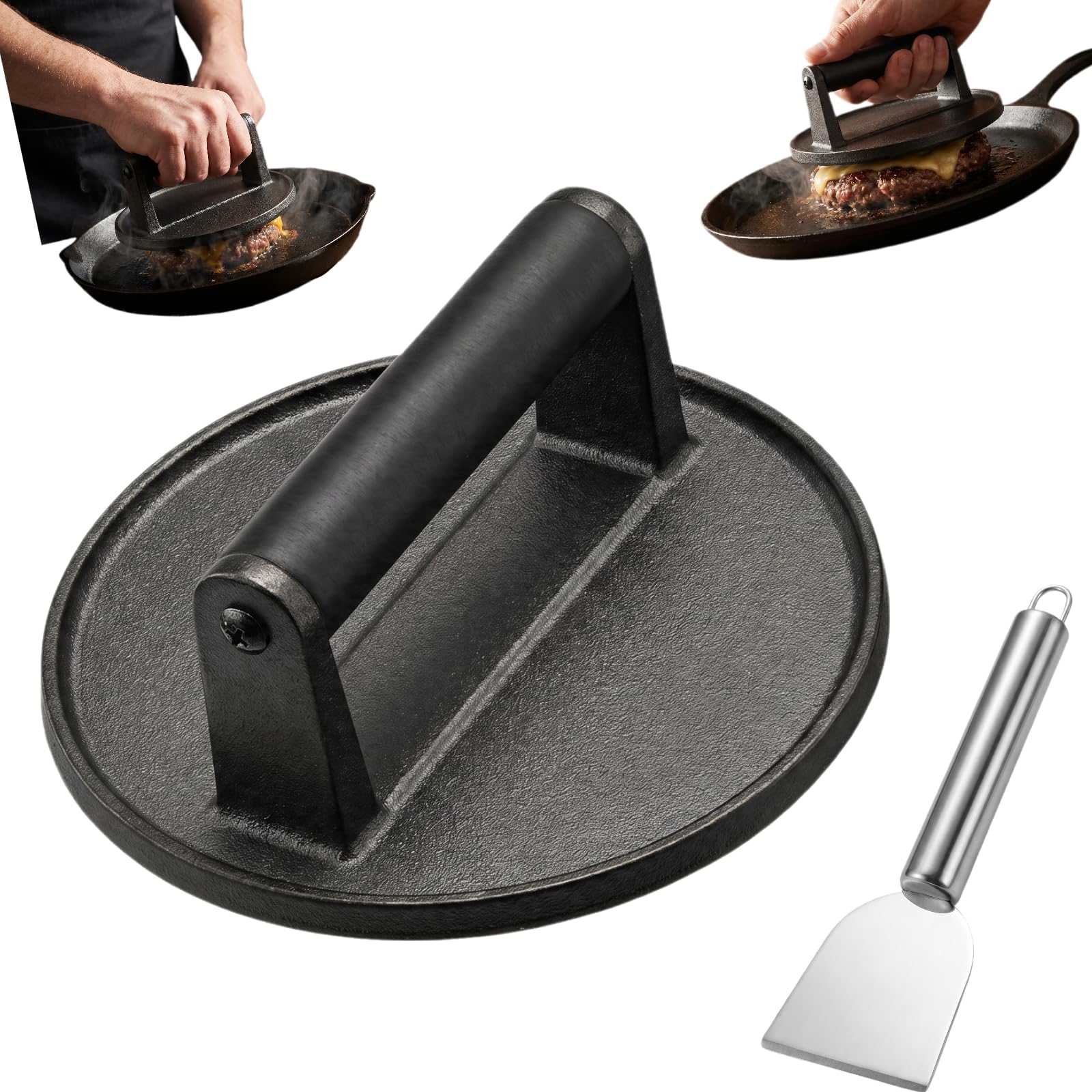 Wrbugukeji Heavy Duty Burger Smasher, 2 Pcs Heavy Cast Iron Bacon Press, Cast Iron Smashed Burger Press Burger Press Round with Scraper for Hamburger Meat Steak Sandwich (Black)
