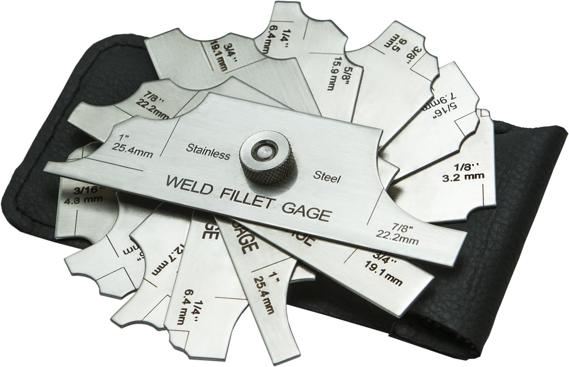 Ally Tools 7 Piece Fillet Welding Inspection Gauge Set Includes Leather Case - (1/8" - 1") Ulnar Metric & Inch - Perfect for Checking Leg Length and Throat Thickness for Professional Welders