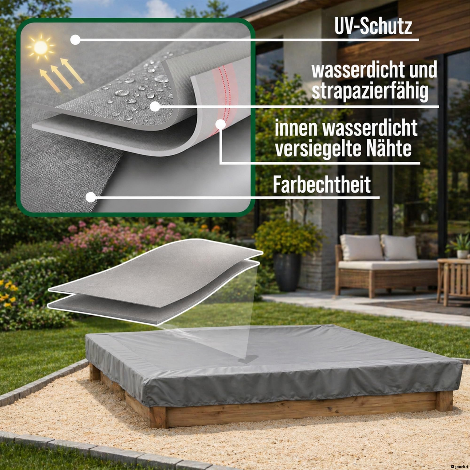 Sandkasten Abdeckung 202x202x20 cm, 600D Oxford | wasserdicht, UV-beständig, reißfest und winterfest - robuste Sandkastenabdeckung mit Kordelzug für sicheren Halt