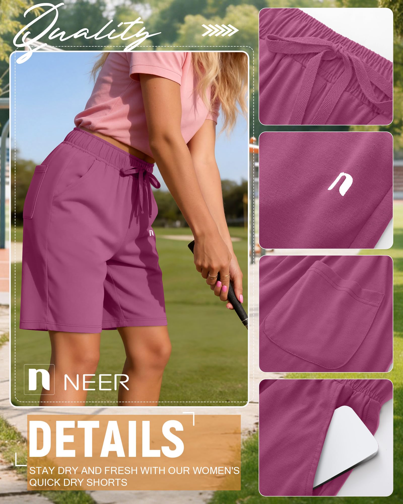 Neer Lot de 3 shorts à séchage rapide pour femme avec cordon de serrage et poches
