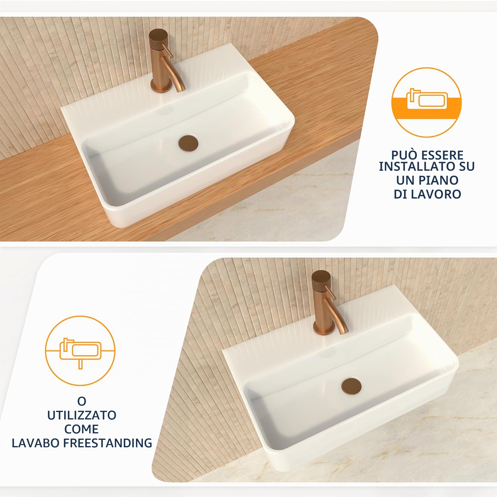 HOGART Lavabo Bagno Piccolo in Ceramica Bianco 45x28,5 cm – Lavandino Compatto Salvaspazio Rettangolare, Lavabo Sospeso o da Appoggio, Foro Rubinetto Senza Troppopieno, per WC Ospiti e Bagni Moderni
