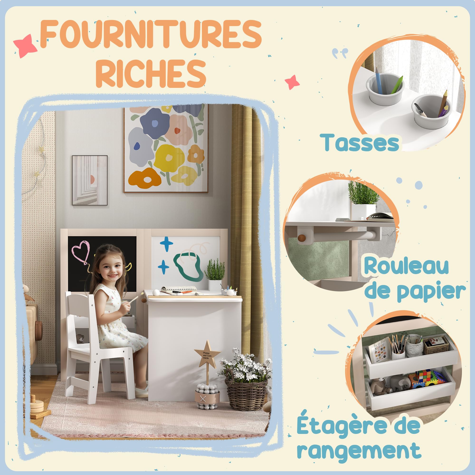 AIYAPLAY Ensemble Table Chaise Enfant 3 en 1 avec Chevalet Pliable, Table Activités et Jeux avec Rangement, 3-8 Ans, Blanc