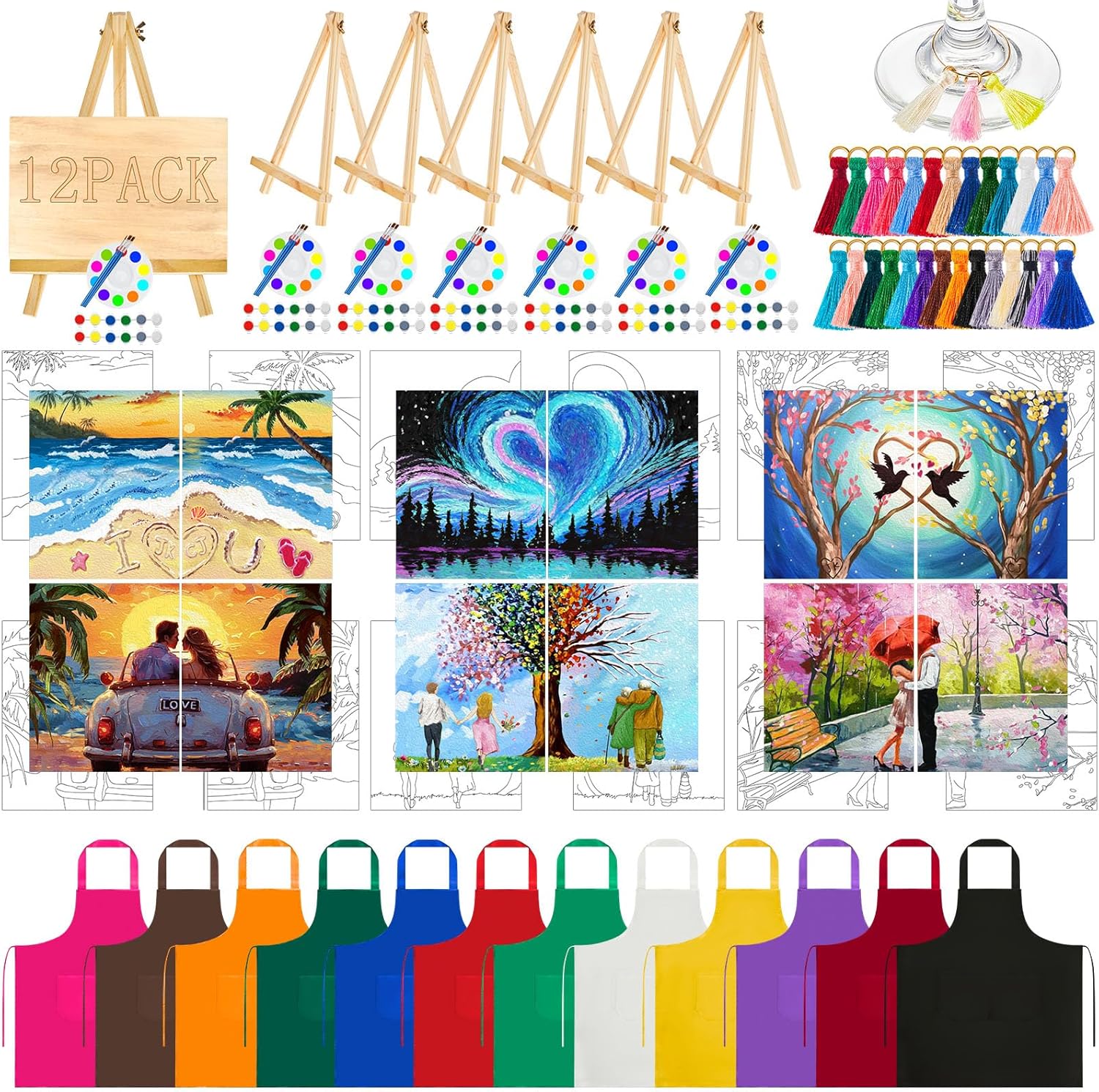 Fullhawl 12 Sets Sip and Paint Kit Date Night Pre Drawn Canvas Painting Set Pre Drawn Stretch Canvas Kit for Couples Adults(Love)