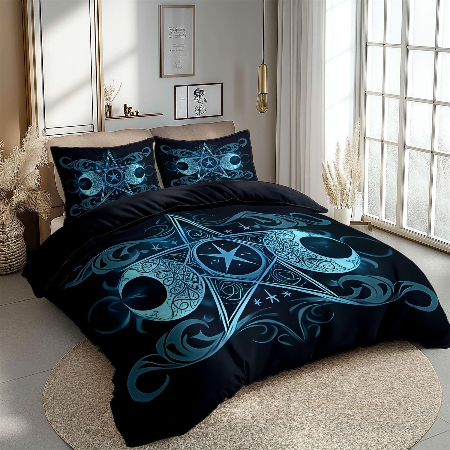 Poszwa na kołdrę 230 cm x 220 cm czarna pięcioramienna gwiazda fantasy księżyc dwustronny 3-częściowy zestaw pościeli łatwy w pielęgnacji, miękka oddychająca poszwa na kołdrę na wszystkie pory roku