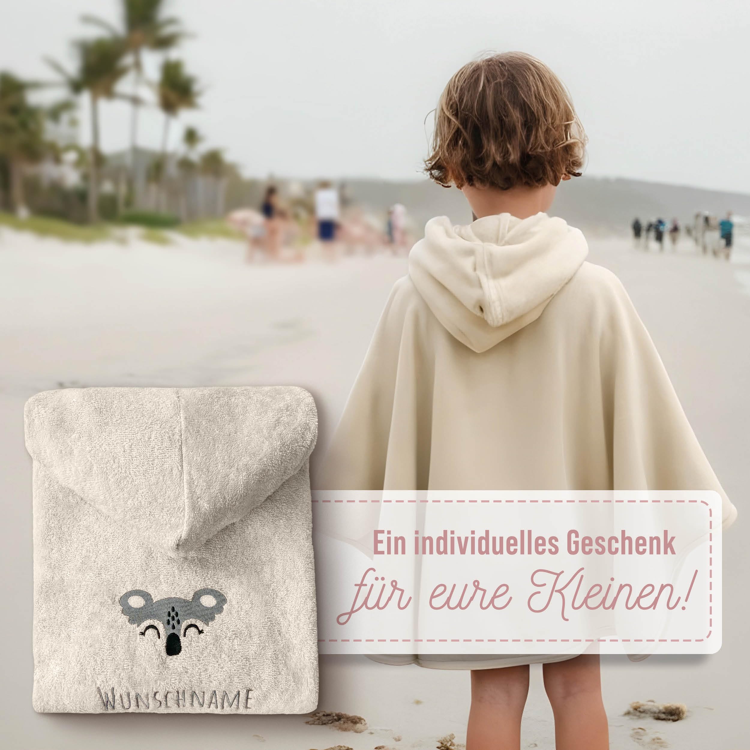 Badeponcho Kinder mit Namen und Motiv Bestickt, Oeko-TEX® Standard 100 - Personalisiertes Baby Kapuzenhandtuch aus Reiner Baumwolle für eine sanfte Trocknung (Natur)