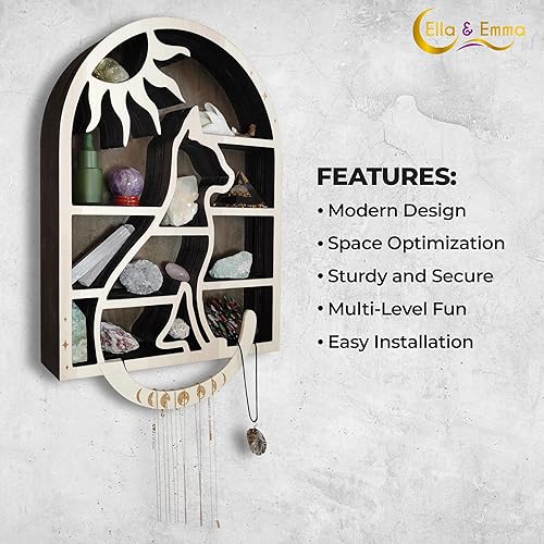 Miniatura 4 de Ella & Emma Moon & Cat Estante de exhibición de cristal de madera: diseño de sol creciente - Decoración de pared espiritual para habitaciones