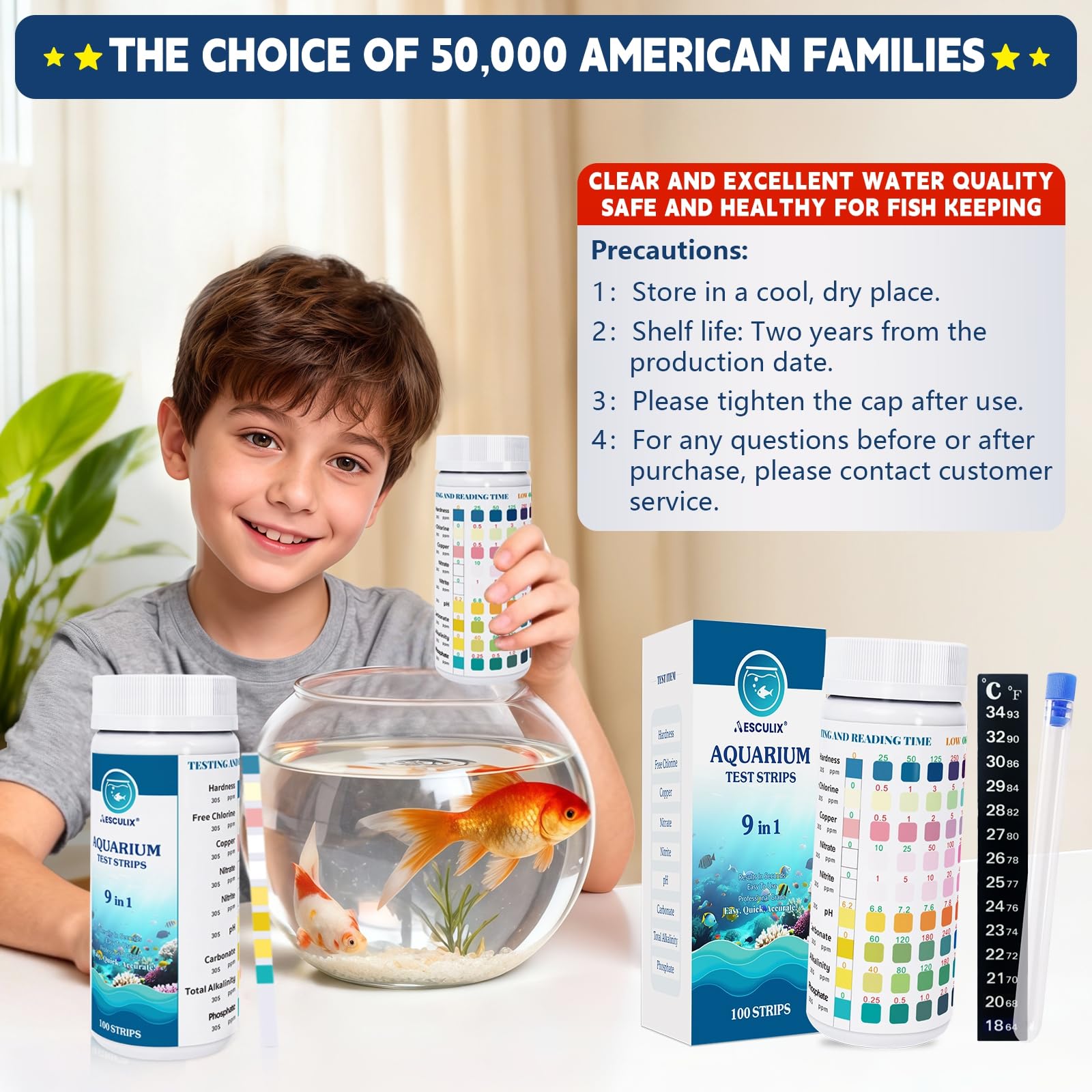 9 in 1 Aquarium Test Strips, 100 Count, Fish Tank Water Test Kit for Freshwater & Saltwater, Tests Nitrate, Nitrite, pH, KH, Total Alkalinity, Hardness, Free Chlorine, Copper & Phosphate - image 6