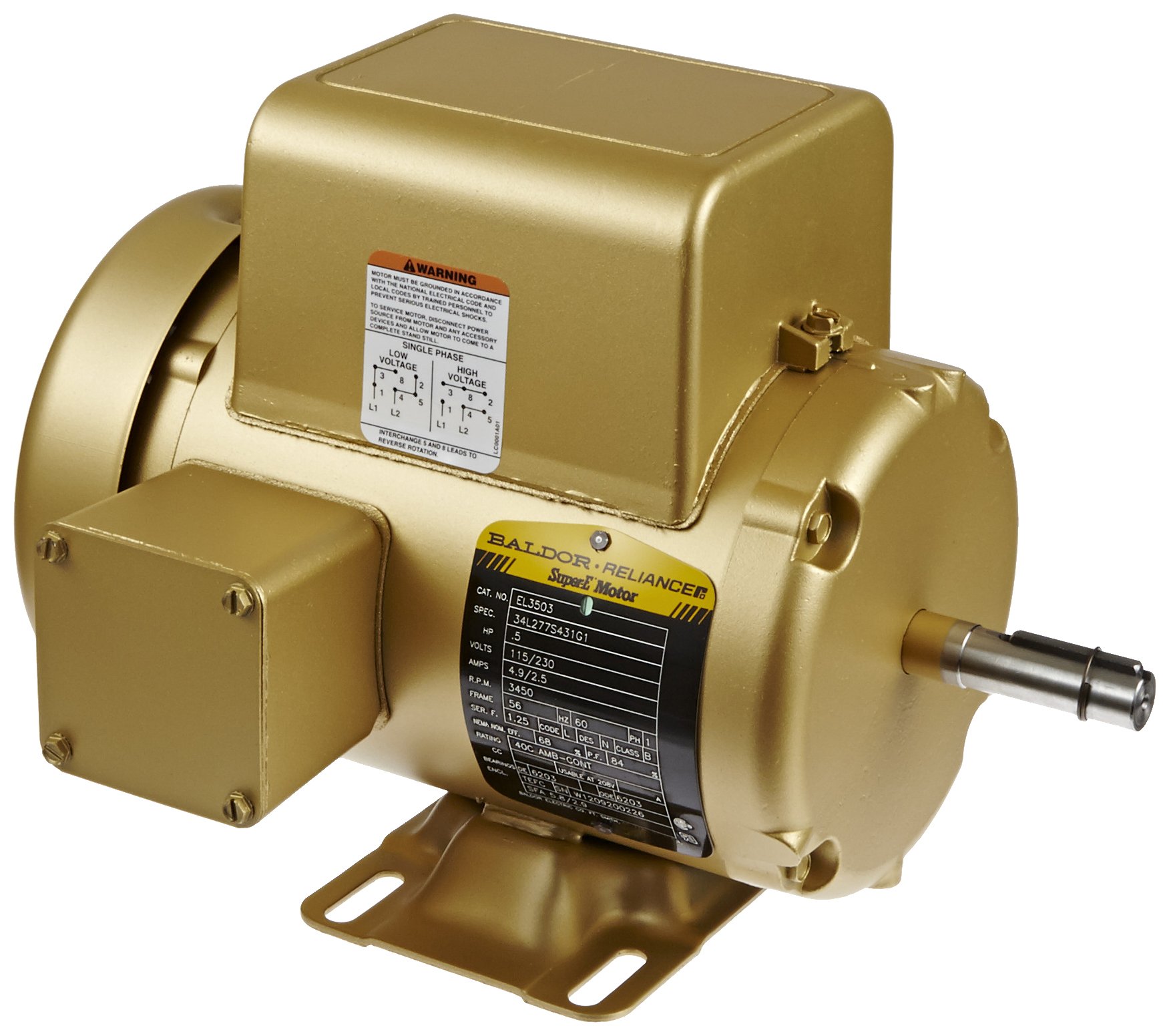 Baldor EL3503 Premium Efficient AC Motor, Single Phase, 56 Frame, TEFC Enclosure, 1/2Hp Output, 3450rpm, 60Hz, 115/230V Voltage