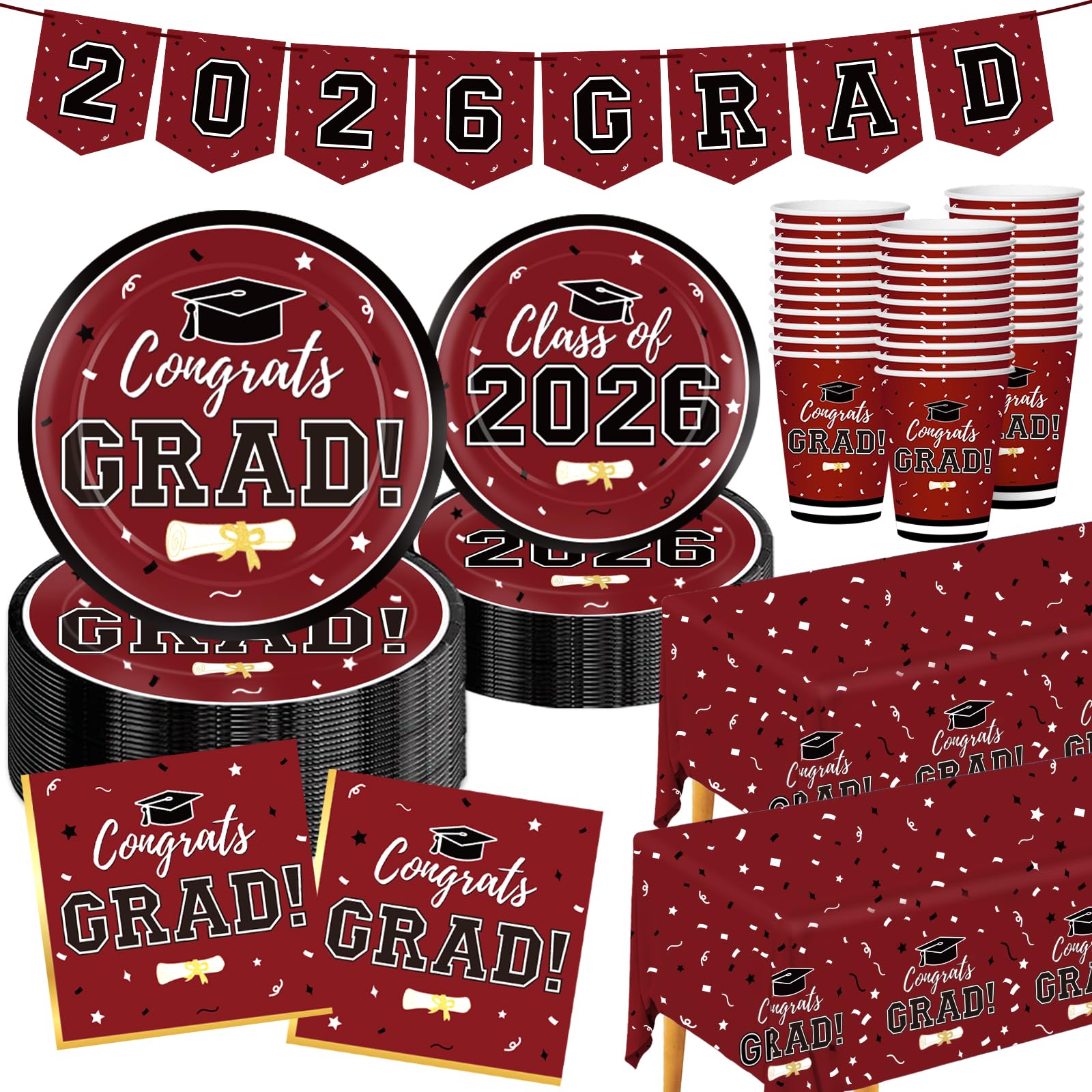 Graduation Decorations 2026 Disposable Maroon Graduation Tableware Kit for 50 Guests Plates Napkins Cups Tablecloth Hanging Graduation Party Decorations 2026