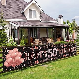 Happy 50th Birthday Banner Decorations - Rose Gold Large 50th Birthday Party Sign - 50th Birthday Party Decorations Supplies for Women - 50 Years Old Birthday Photo Booth Backdrop(9.8x1.6ft)