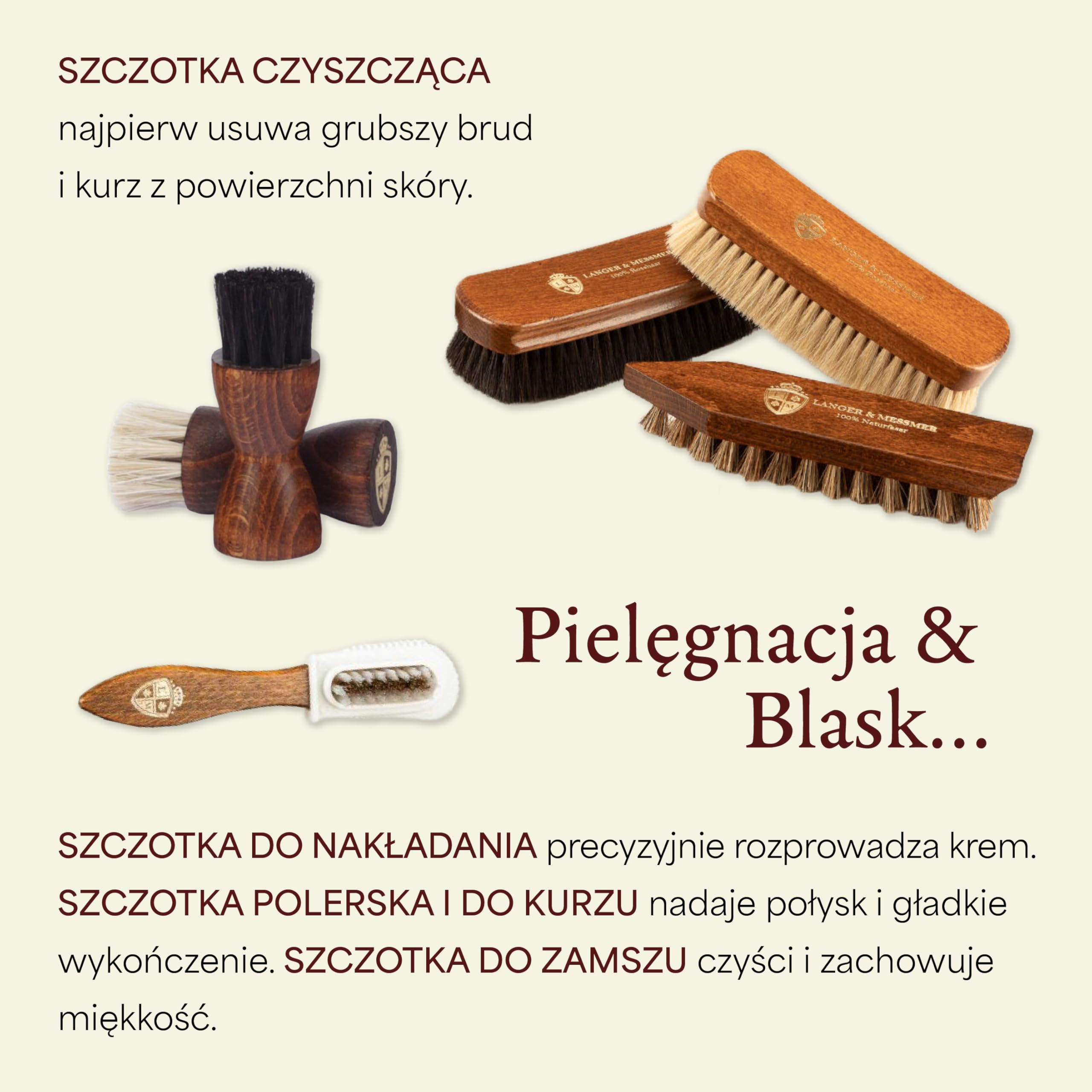 Langer & Messmer 12-częściowy zestaw do pielęgnacji butów, w tym kremy do pielęgnacji skóry i wysokiej jakości szczotki z różowego włosia do efektywnej pielęgnacji butów z gładkiej skóry – zestaw do