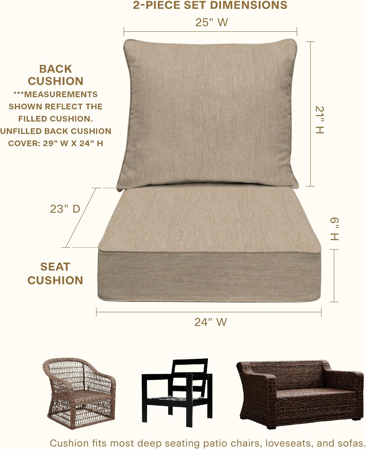 Honeycomb Outdoor Heritage Deep Seat, 24 x 23, Textured Solid Birch Tan Chair Cushion with Removable Cover, for Patio Furniture