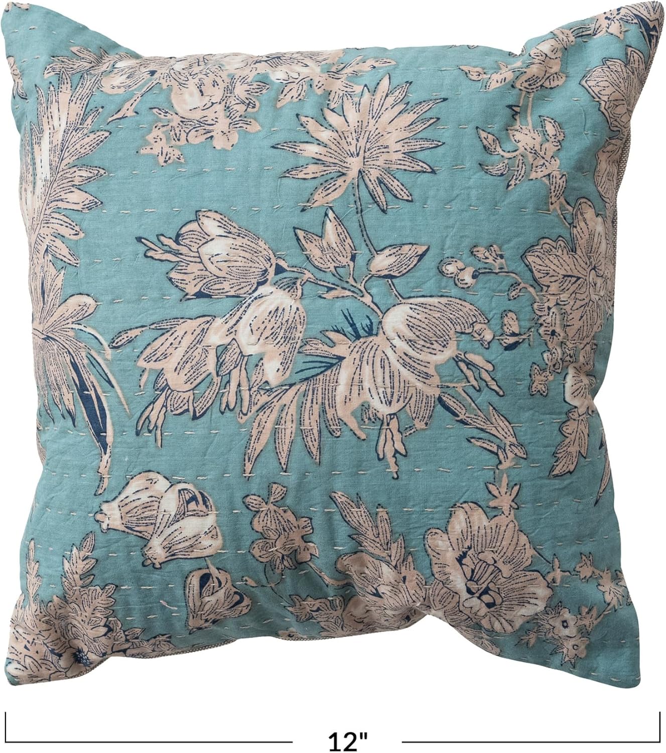 Creative Co-Op Square Cotton Voile Printed Pillow with Florals, Hand-Embroidered Kantha Stitch and Chambray Back, Blue and White