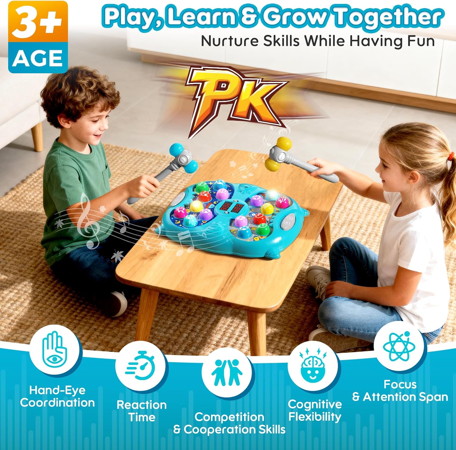 Whack Mole Game for Kids, Idea Gift for 3-12 Year Old Boys and Girls, Interactive Pounding Toy with 2 Hammers, Lights & Sounds, 3 Game Modes Educational Toy for 3 4 5 6+ Year Old Boys- Blue
