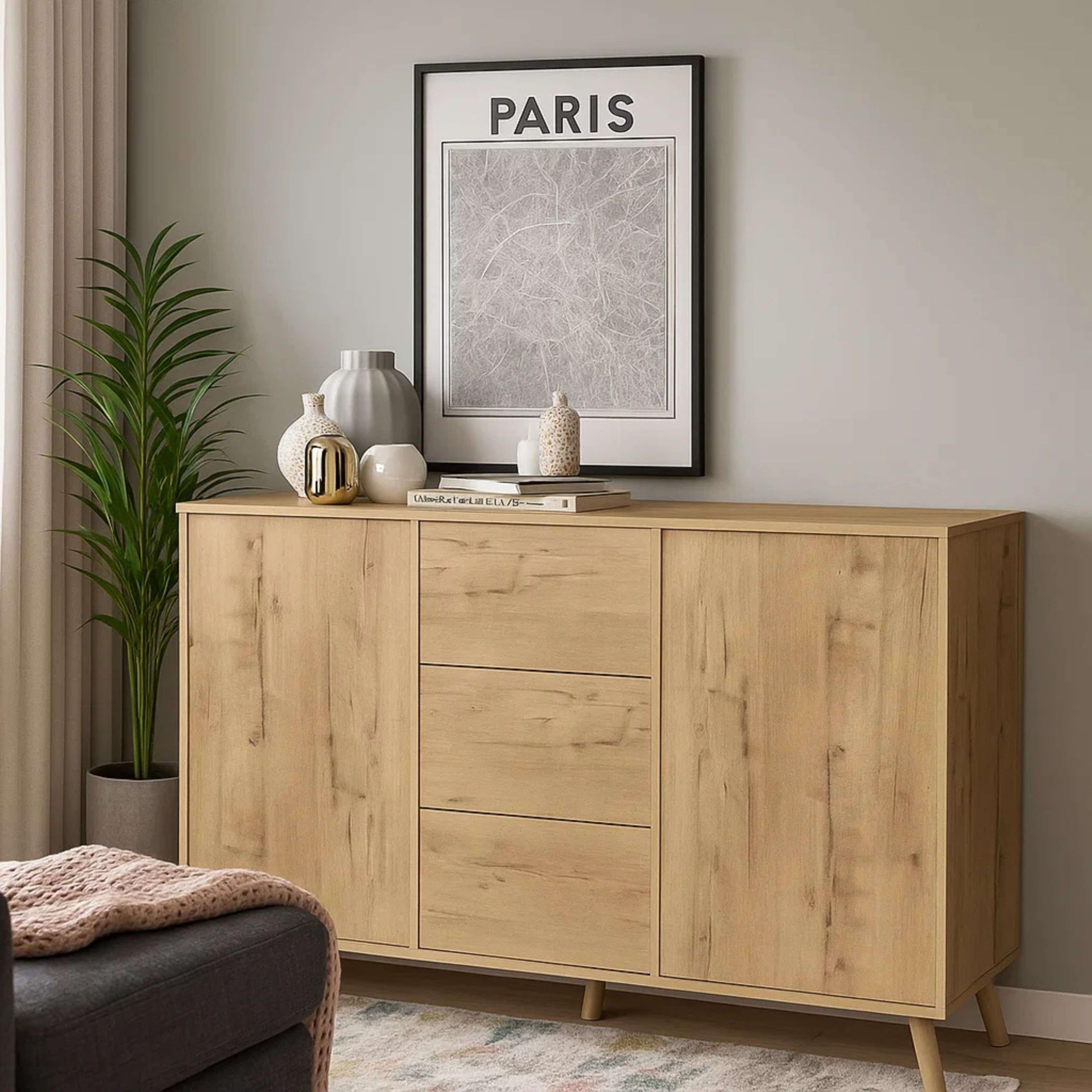 Muebles Pitarch | Aparador salone da pranzo, buffet, mobile ausiliario, 2 ante e 3 cassetti, rovere gold, 89x140x40 cm, dispensa, cucina, ufficio, moderno nordico, modello Oslo
