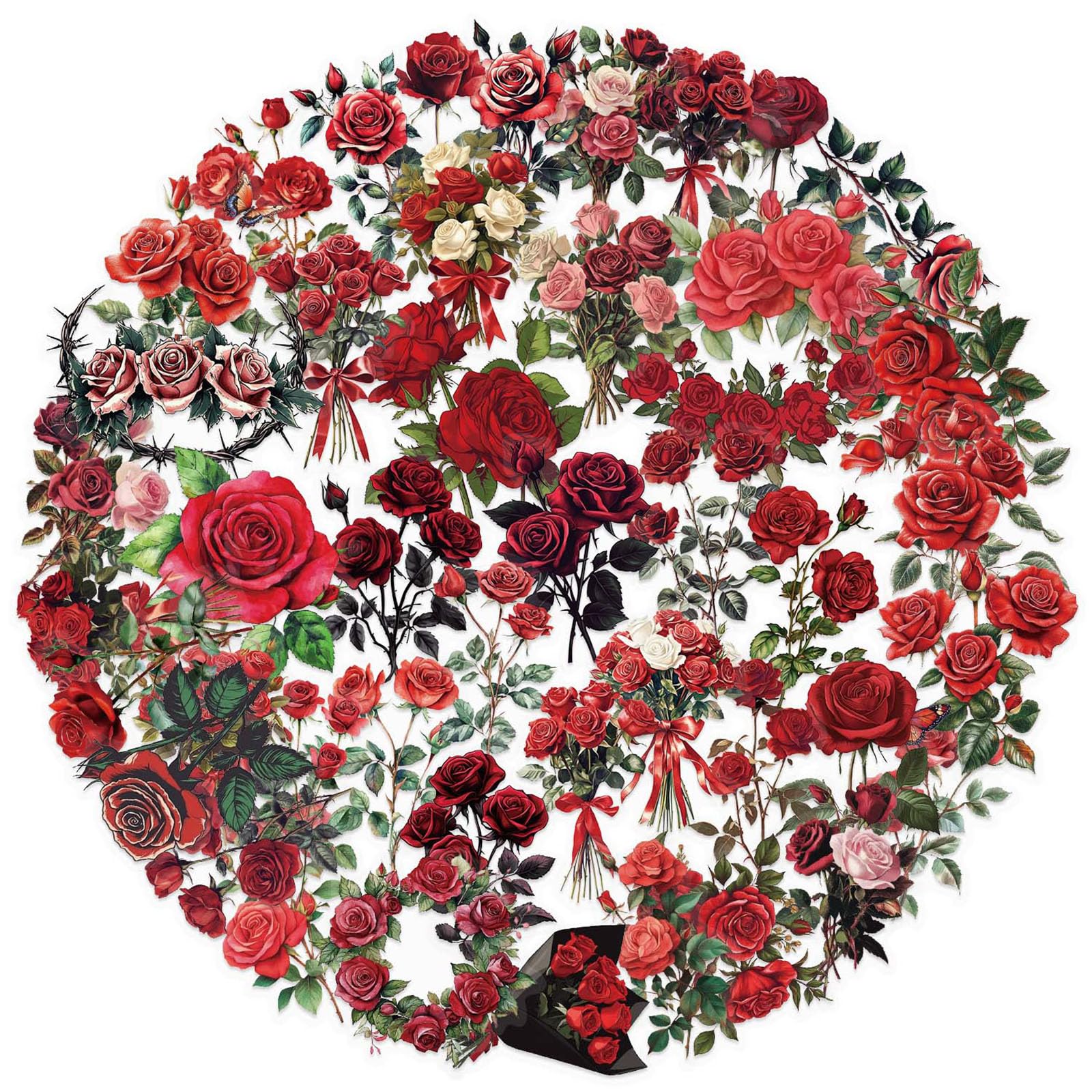 50Pcs Red Rose Scrapbook Stickers Aesthetic Flowers Stickers