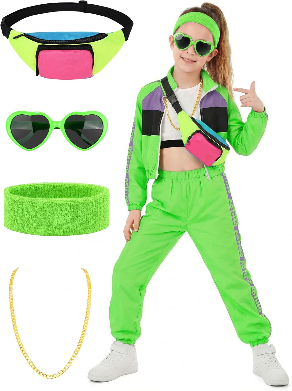 AOTHSO 7 Pcs Kids Hip Hop dance Costume for Girl 80s 90s Tracksuit Outfit Modern Jazz Team Performance Set Cosplay Party
