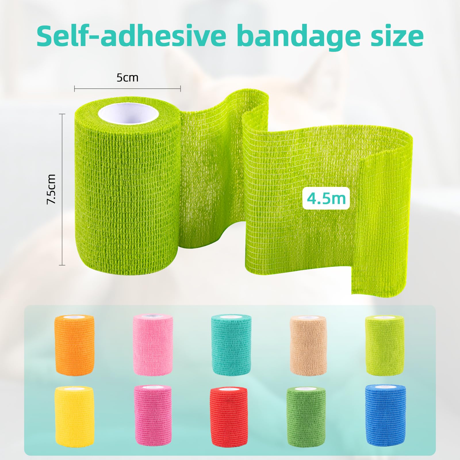 Carehabi Benda Elastica Autoadesiva, 10 Rotoli 7.5cm x 4.5 m Bendaggio per Animali Domestici, Benda Non Tessuto Traspirante per Polso, Caviglia, Dita, Ginocchio
