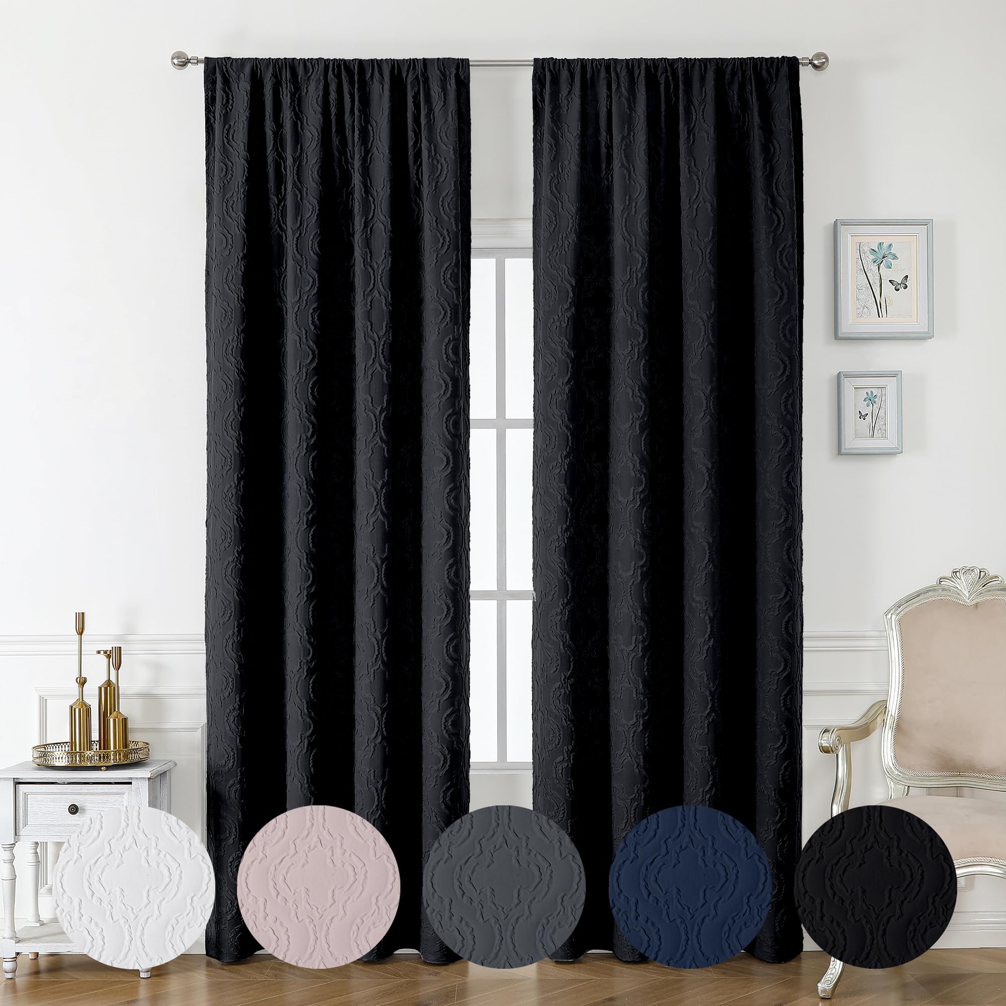 OVZME Doven Textured Curtains 96 Inch Length 2 Panels for Living Room, Thick 3D Embossed Look Curtains Rod Pocket Room Darkening Privacy Soft Vertical Curtains & Drapes (2x52 Wx96 L, Black)