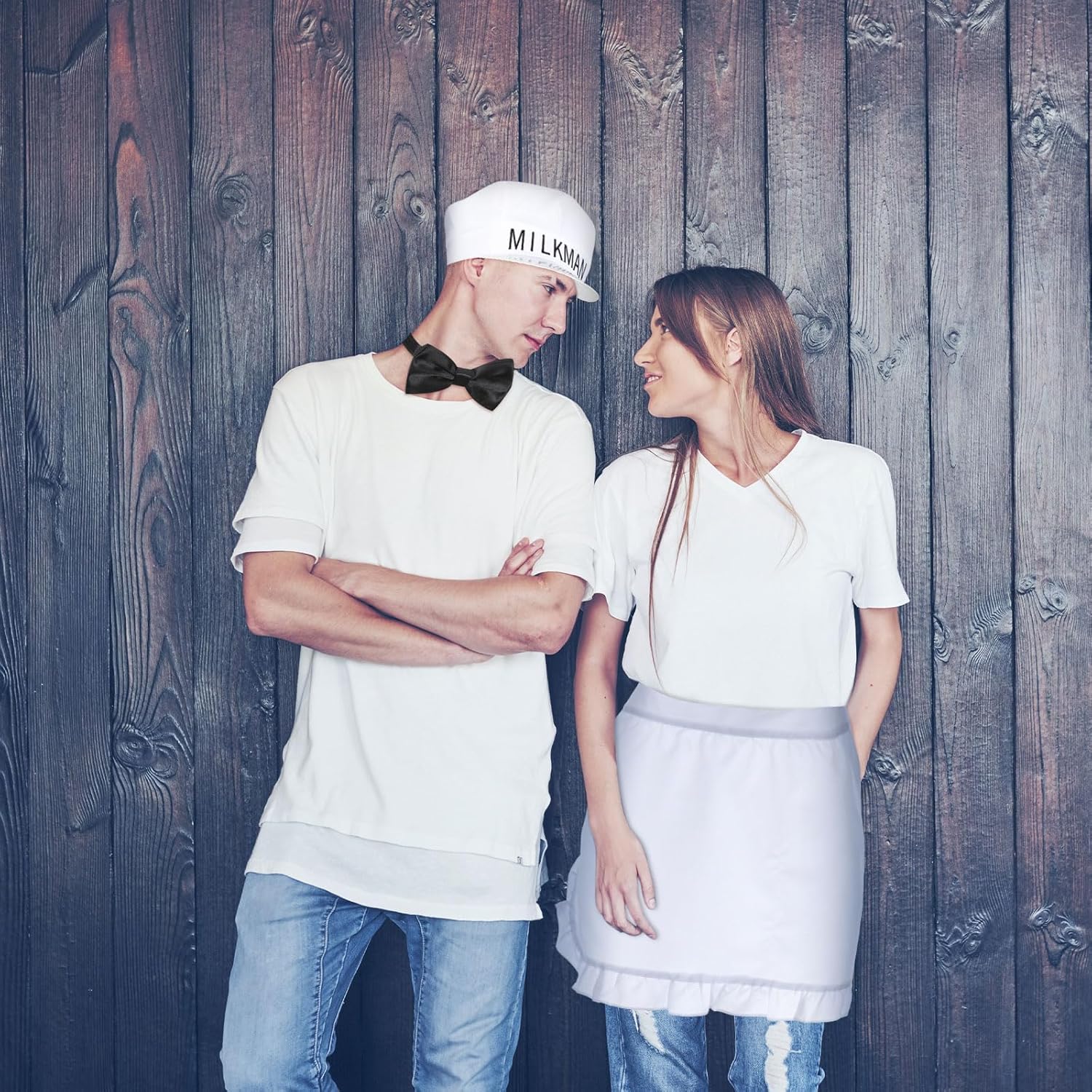 Sintuff 3 Pcs Halloween Milkman Costume Accessories Including Milkman Hat Bow Tie and Waist Apron for Adult Women Men Couple 50s Party Funny Cosplay - Image 5