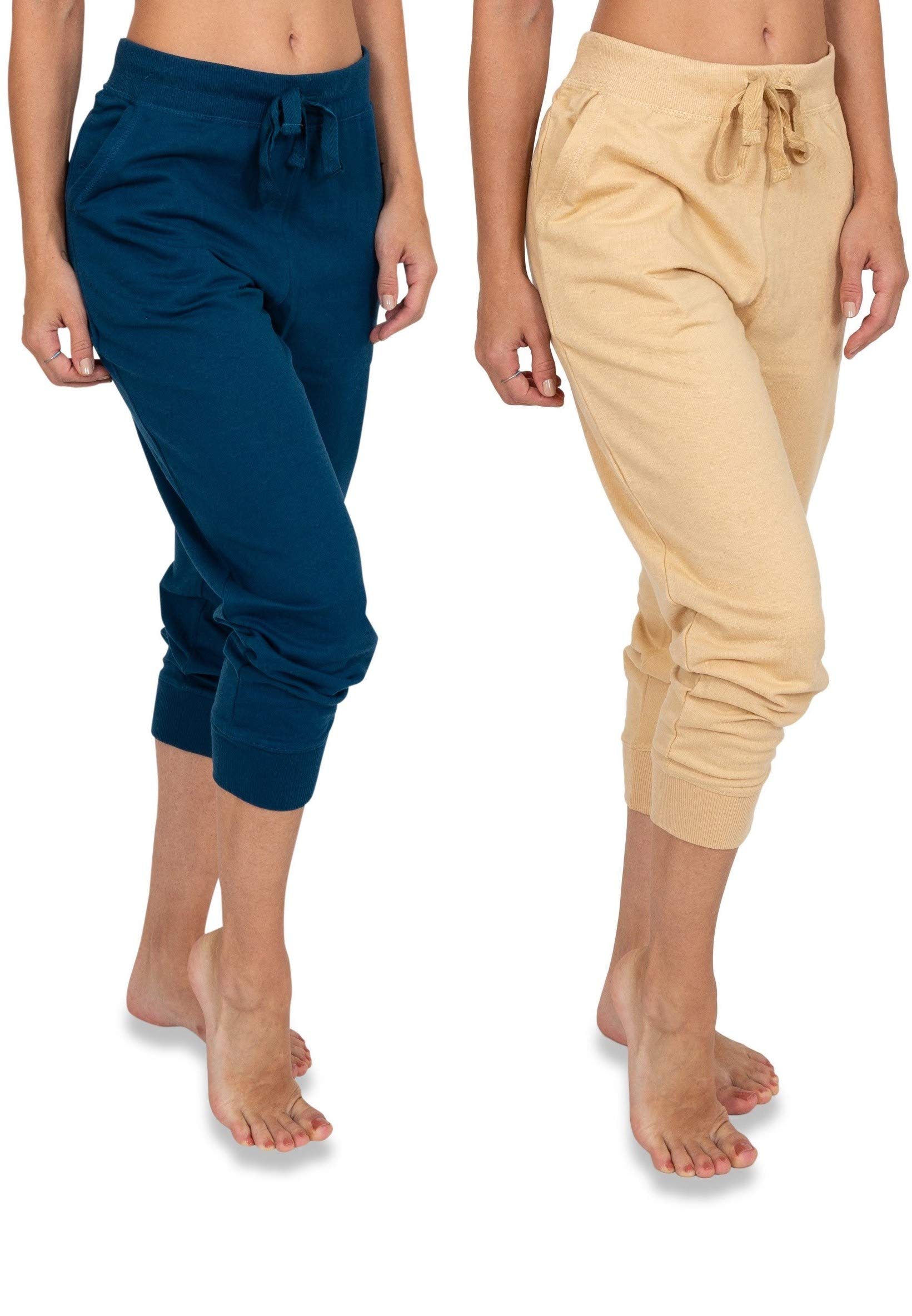 Women's 2 Pack Soft French Terry Fleece Casual/Active Comfy Capri Jogger Lounge & Sweatpants
