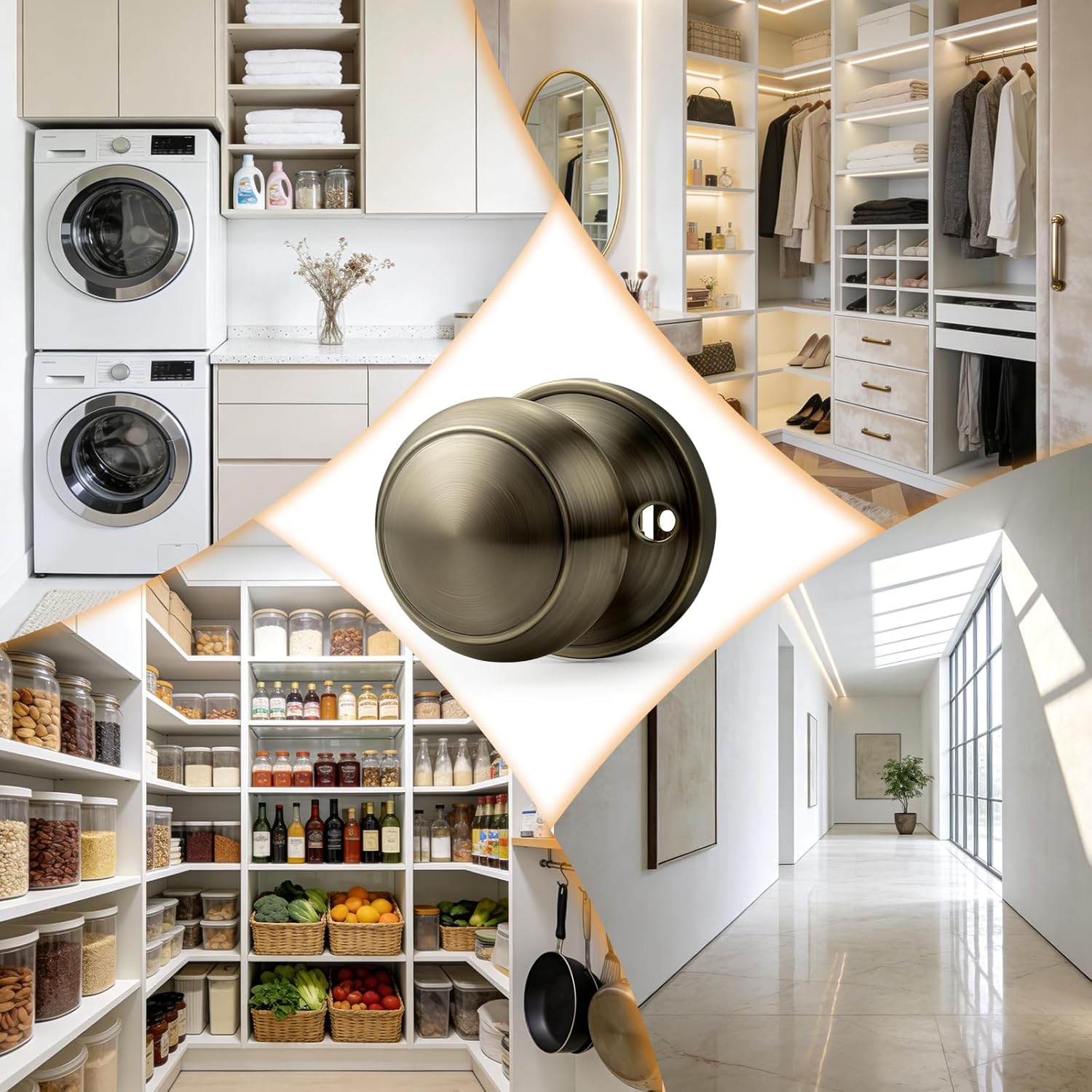 Probrico Antique Brass Door Knob One Side 1 Pack, Fake Door Handles Dummy Function for Closet French Doors, Brass Inactive Levers, Flat Ball Knob
