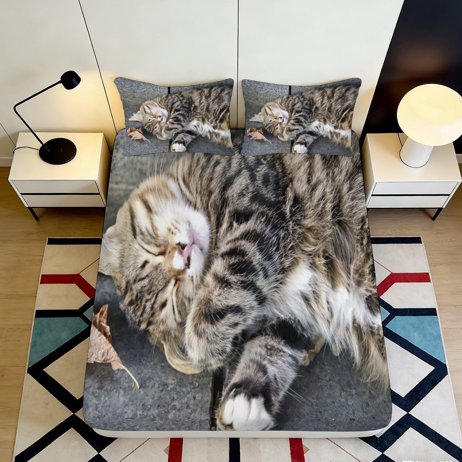 3D Printed Sleeping Cat Fitted Sheet Microfiber Soft Bedroom Decor Realistic Tabby Mattress Cover 90x200x25cm